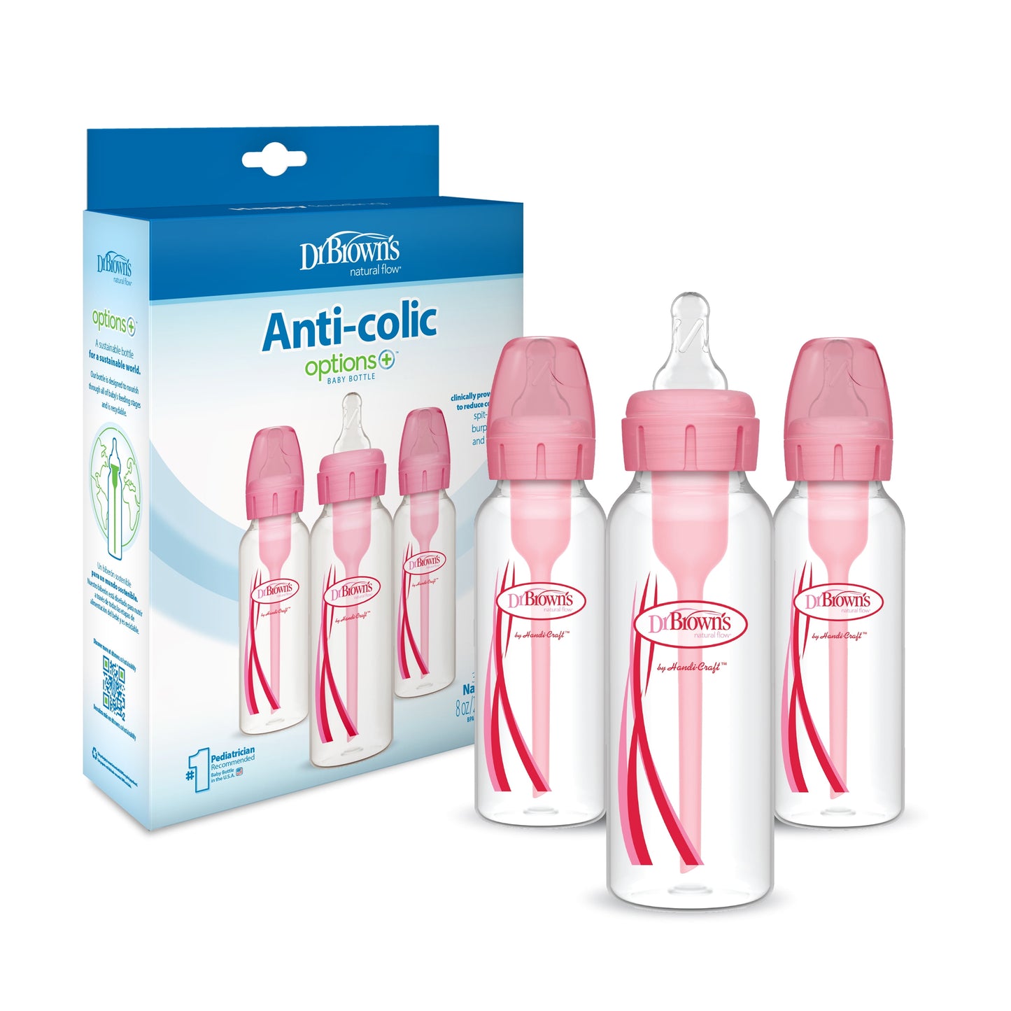 Natural Flow Anti-Colic Options+ Narrow Baby Bottle, 8Oz/250Ml, 0M+, Pink, 3 Pack