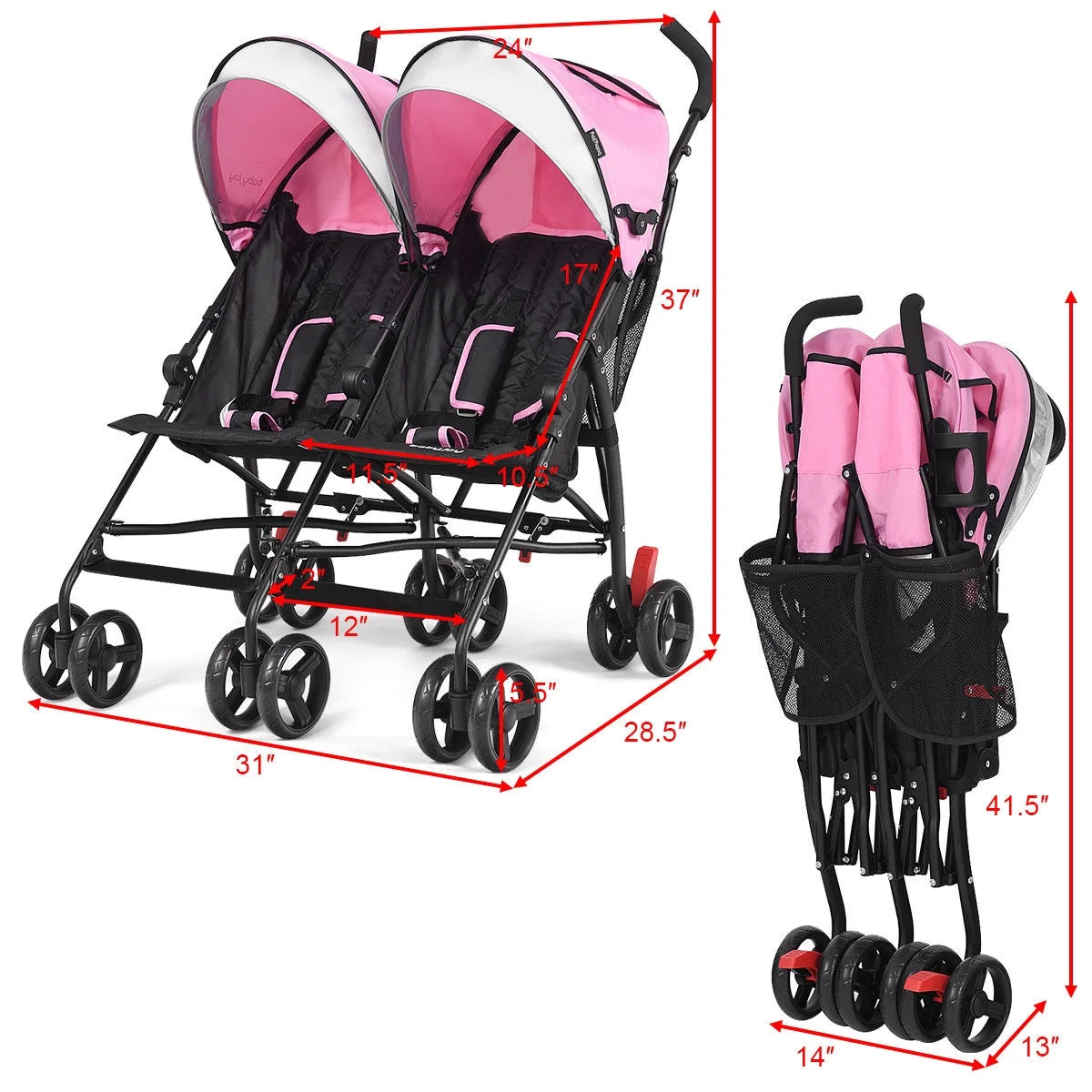 Baby-Joy Foldable Twin Baby Double Stroller Kids Ultralight Umbrella Stroller Pushchair Pink