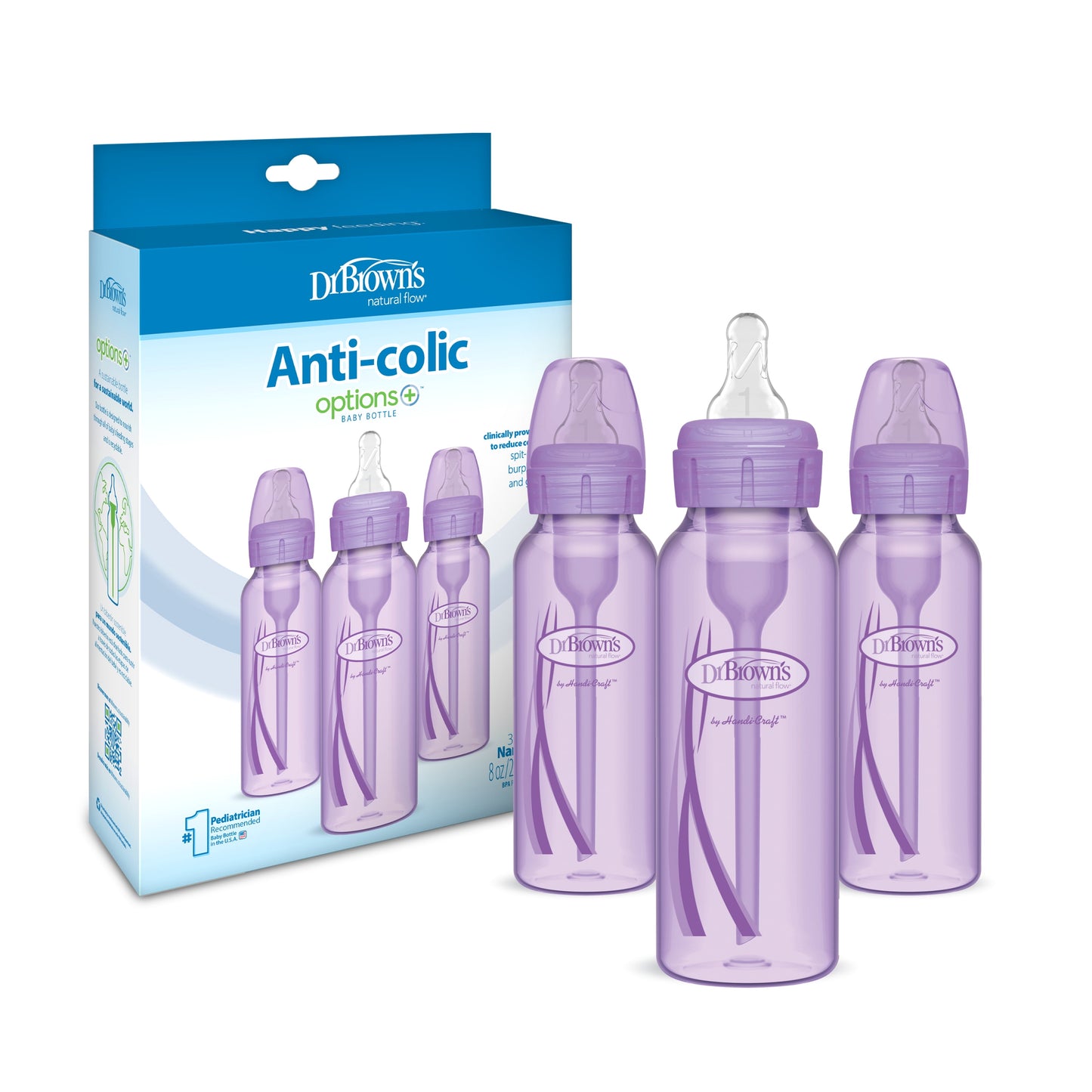 Natural Flow Anti-Colic Options+ Narrow Baby Bottle, 8 Oz/250 Ml, with Level 1 Slow Flow Nipple, Purple, 0M+, 3 Pack