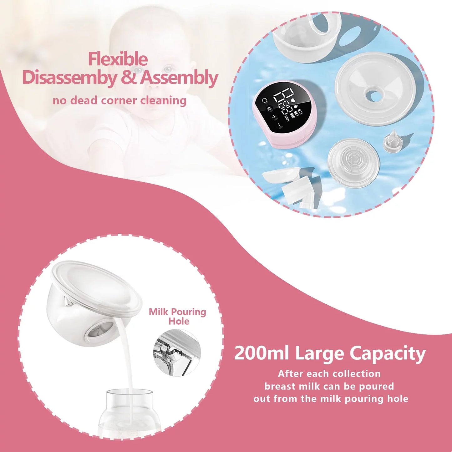 Electric Breast Pump, Wearable Breast Pump, Hands-Free Breast Pumps with 3 Modes, 9 Levels, Pink