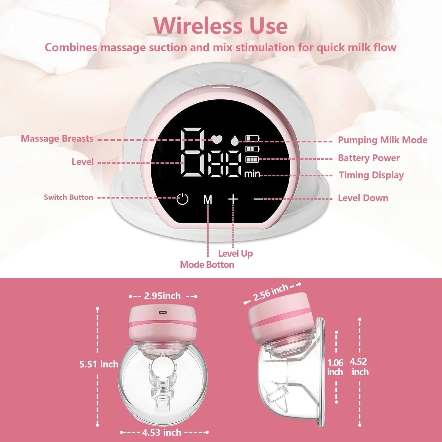 Electric Breast Pump, Wearable Breast Pump, Hands-Free Breast Pumps with 3 Modes, 9 Levels, Pink