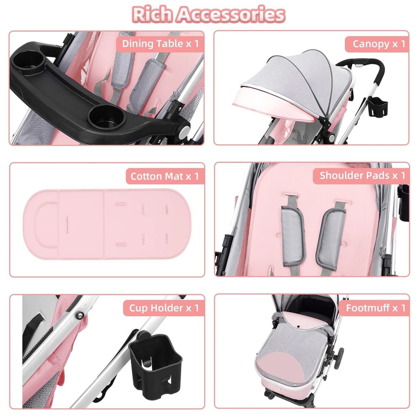 Baby Stroller, Foldable Baby Stroller Reversible Bassinet, Travel Stroller for Newborn Baby, Pink