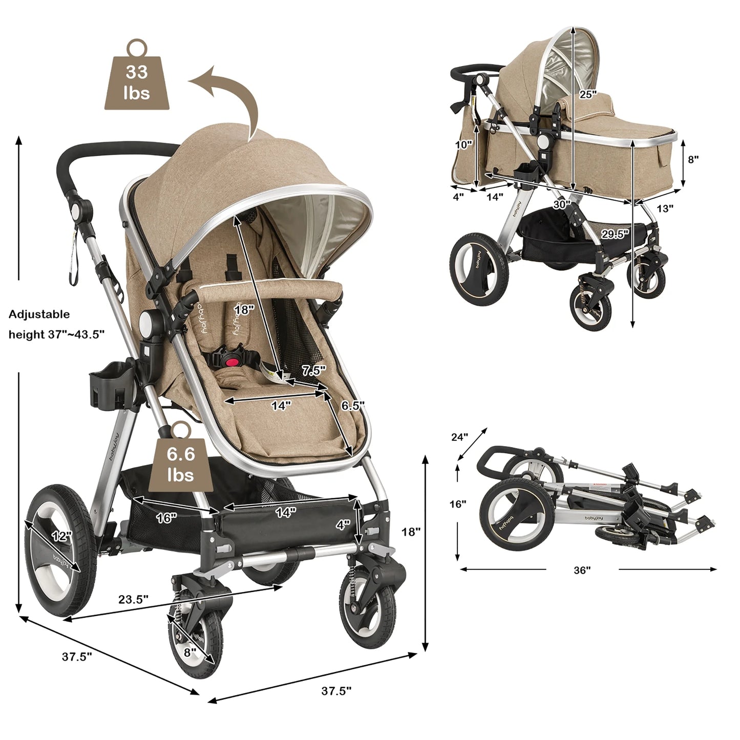 Babyjoy Folding Aluminum Infant Baby Stroller Kids Carriage Pushchair W/ Diaper Bag Khaki
