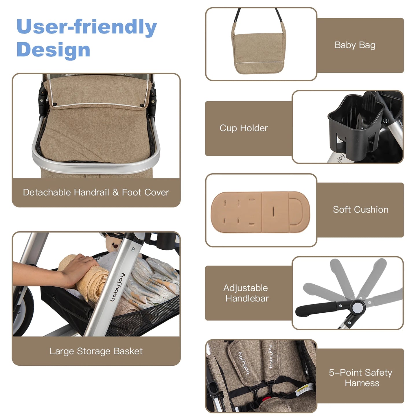 Babyjoy Folding Aluminum Infant Baby Stroller Kids Carriage Pushchair W/ Diaper Bag Khaki