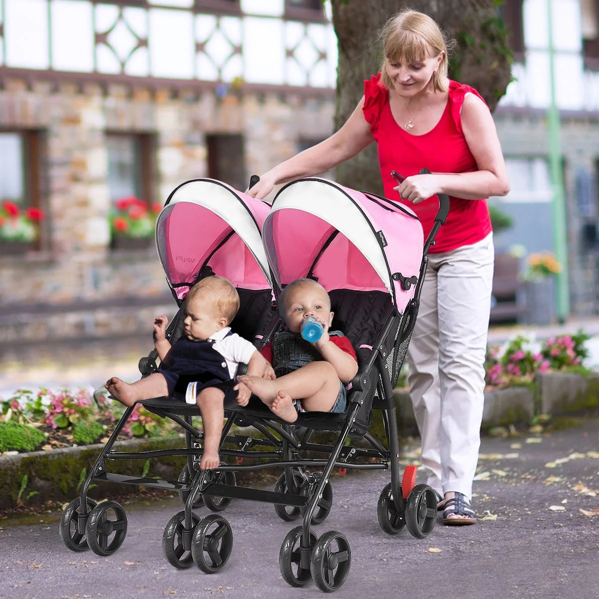 Baby-Joy Foldable Twin Baby Double Stroller Kids Ultralight Umbrella Stroller Pushchair Pink