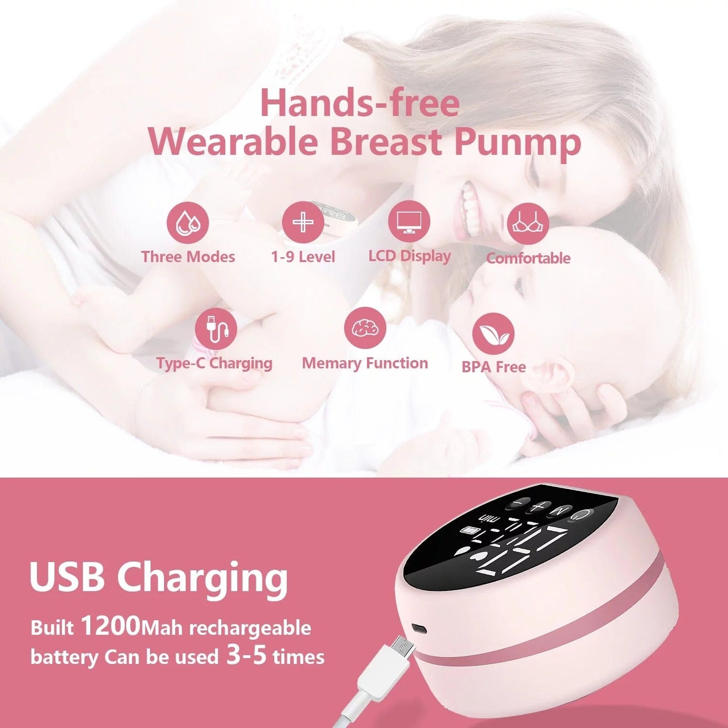 Electric Breast Pump, Wearable Breast Pump, Hands-Free Breast Pumps with 3 Modes, 9 Levels, Pink