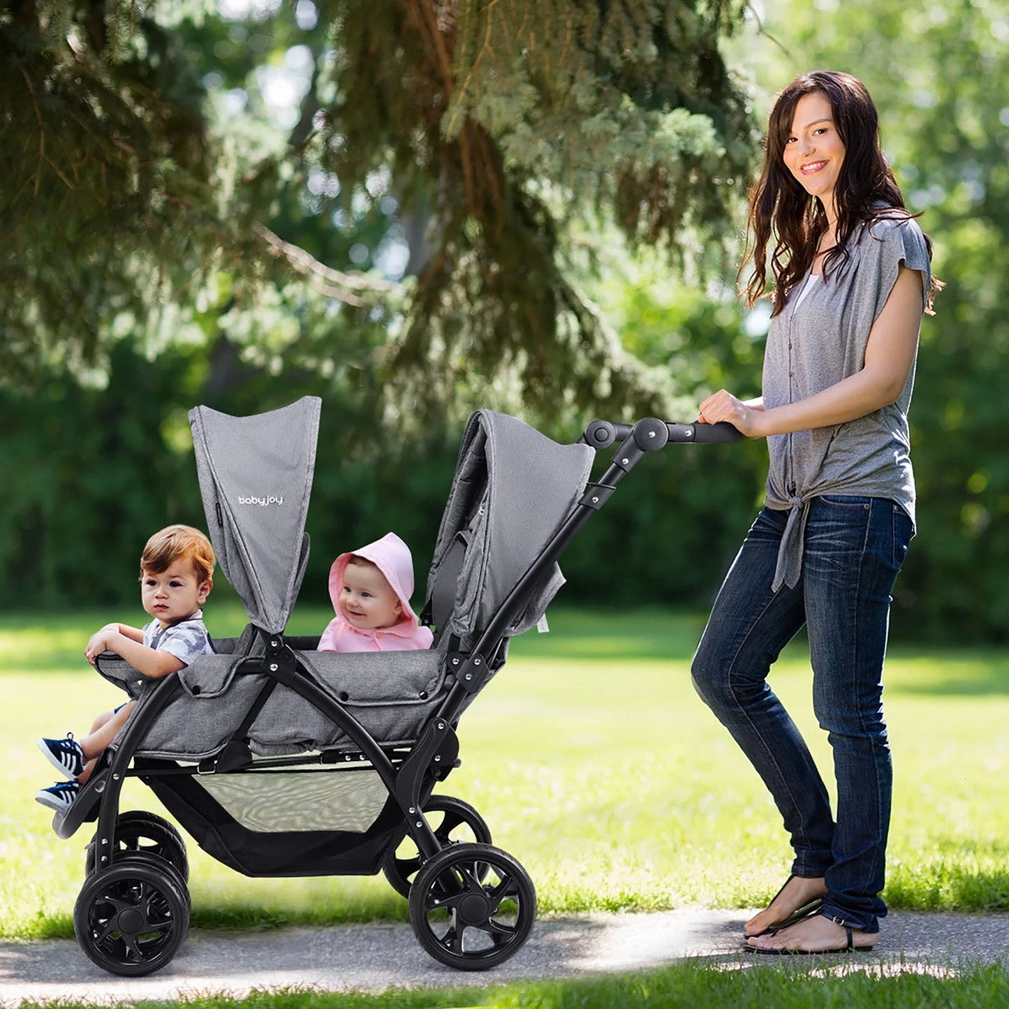 Babyjoy Double Stroller Foldable Baby Twin Lightweight Travel Stroller Infant Pushchair Grey