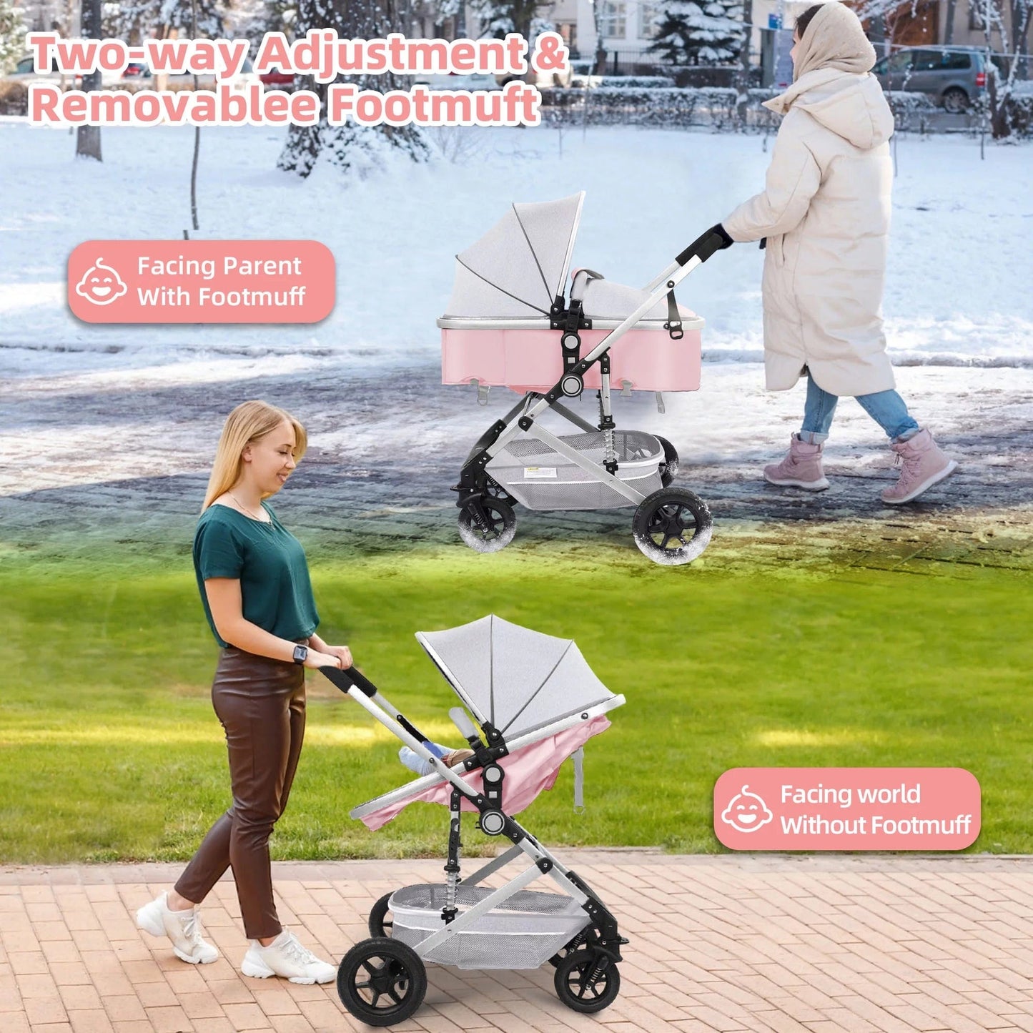Baby Stroller, Foldable Baby Stroller Reversible Bassinet, Travel Stroller for Newborn Baby, Pink