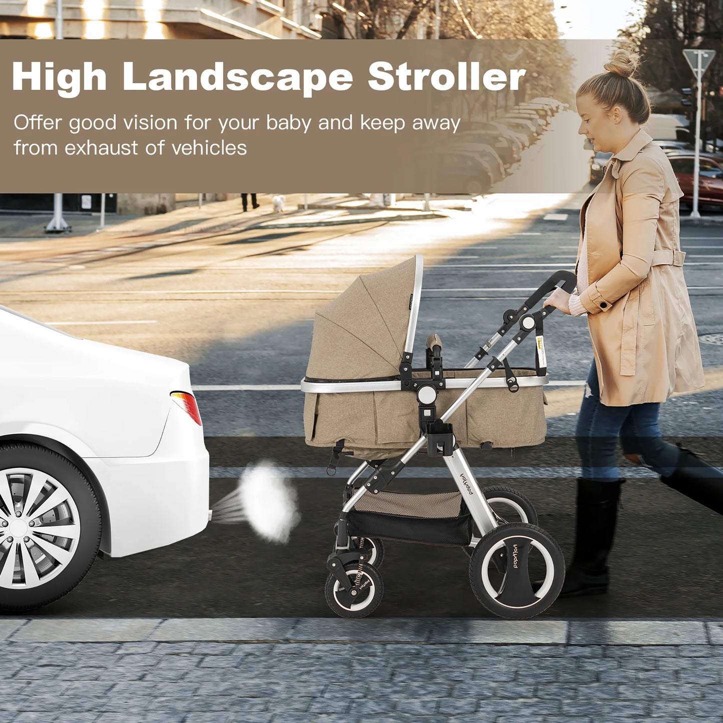 Babyjoy Folding Aluminum Infant Baby Stroller Kids Carriage Pushchair W/ Diaper Bag Khaki