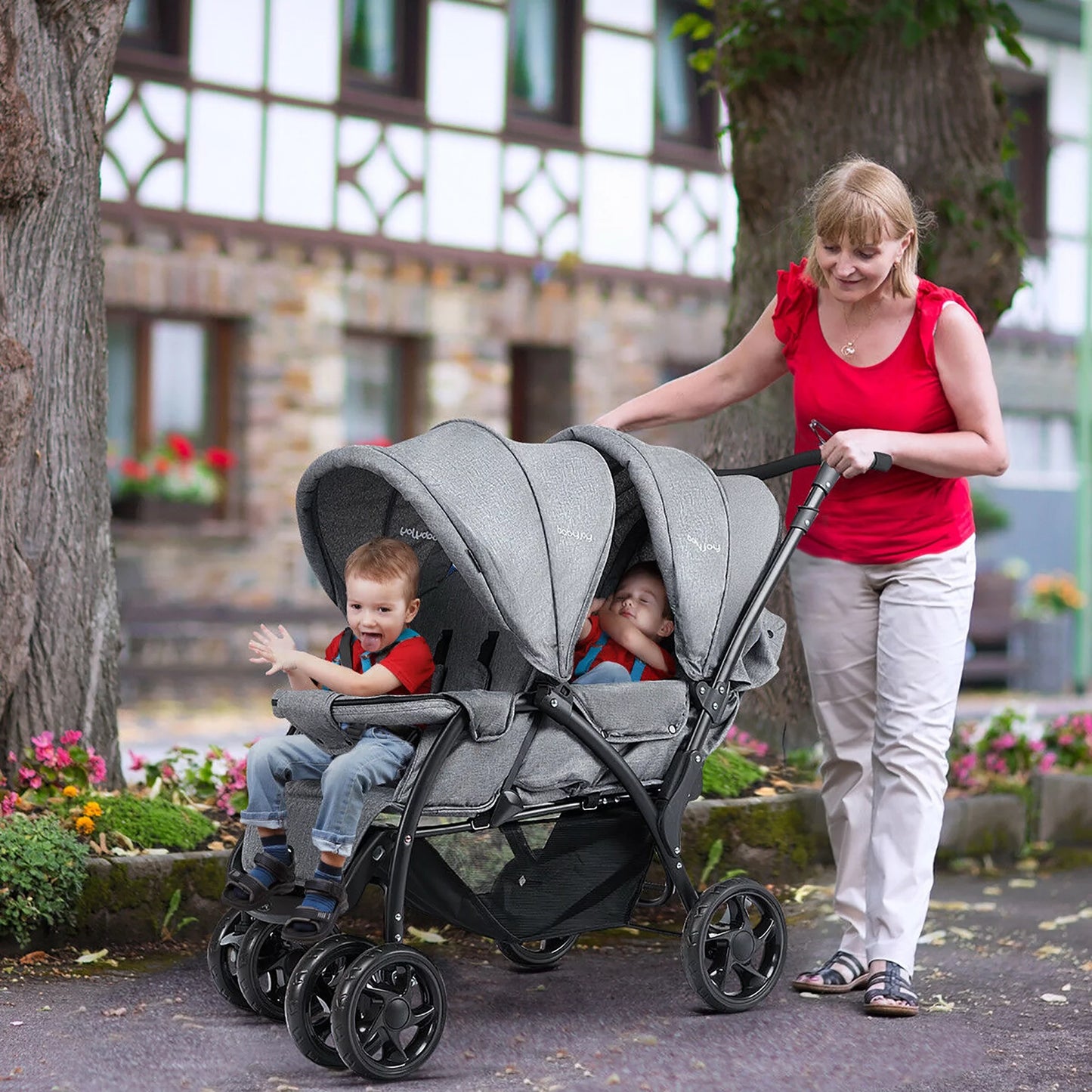 Babyjoy Double Stroller Foldable Baby Twin Lightweight Travel Stroller Infant Pushchair Grey