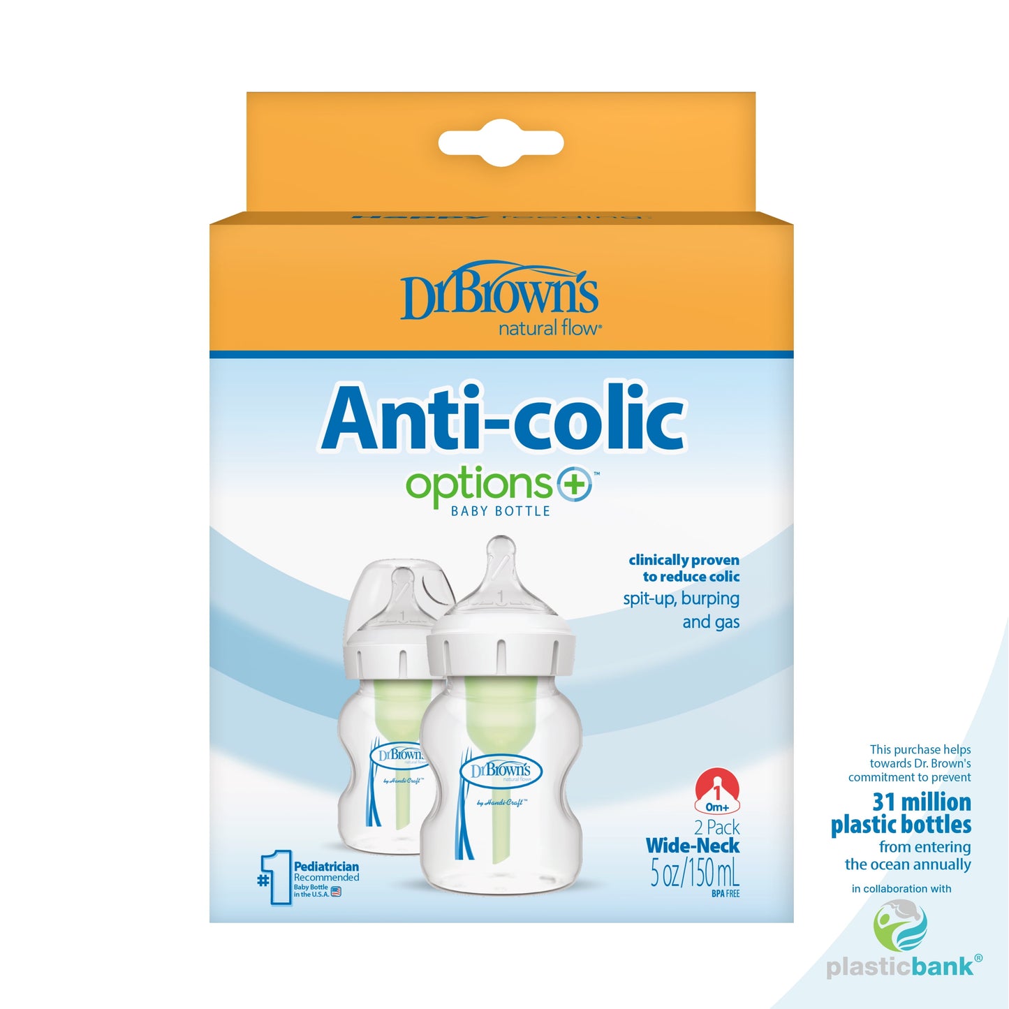 Natural Flow Anti-Colic Options+ Wide-Neck Baby Bottle, 5 Oz/150 Ml, Level 1 Nipple, 2-Pack, 0M+