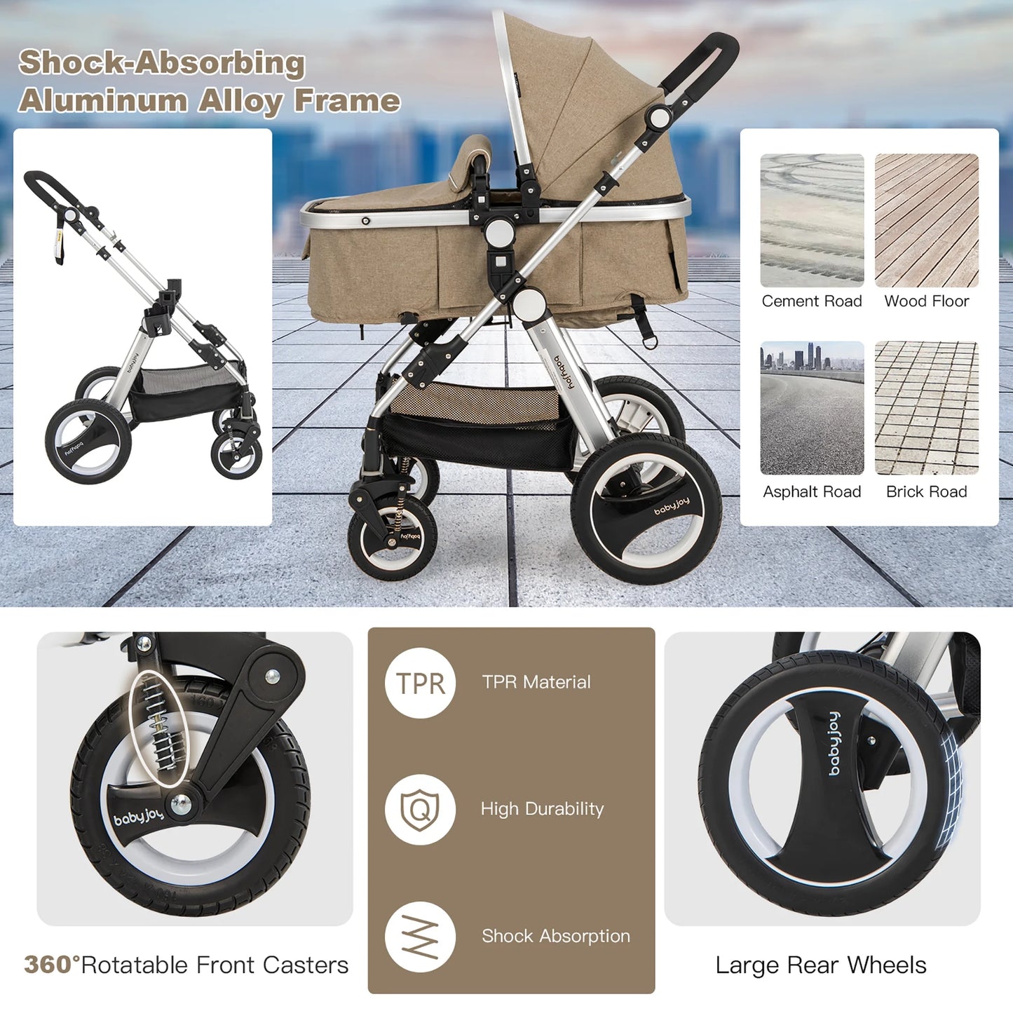 Babyjoy Folding Aluminum Infant Baby Stroller Kids Carriage Pushchair W/ Diaper Bag Khaki