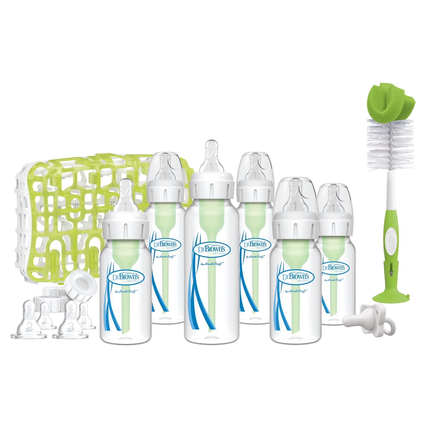 Dr. Browns Natural Flow Anti-Colic Options+ Deluxe Bottle Essentials Gift Set with 100% Silicone Happypaci Pacifier, Bottle Brush and Dishwasher Basket for Bottle Parts, BPA Free, 0M+