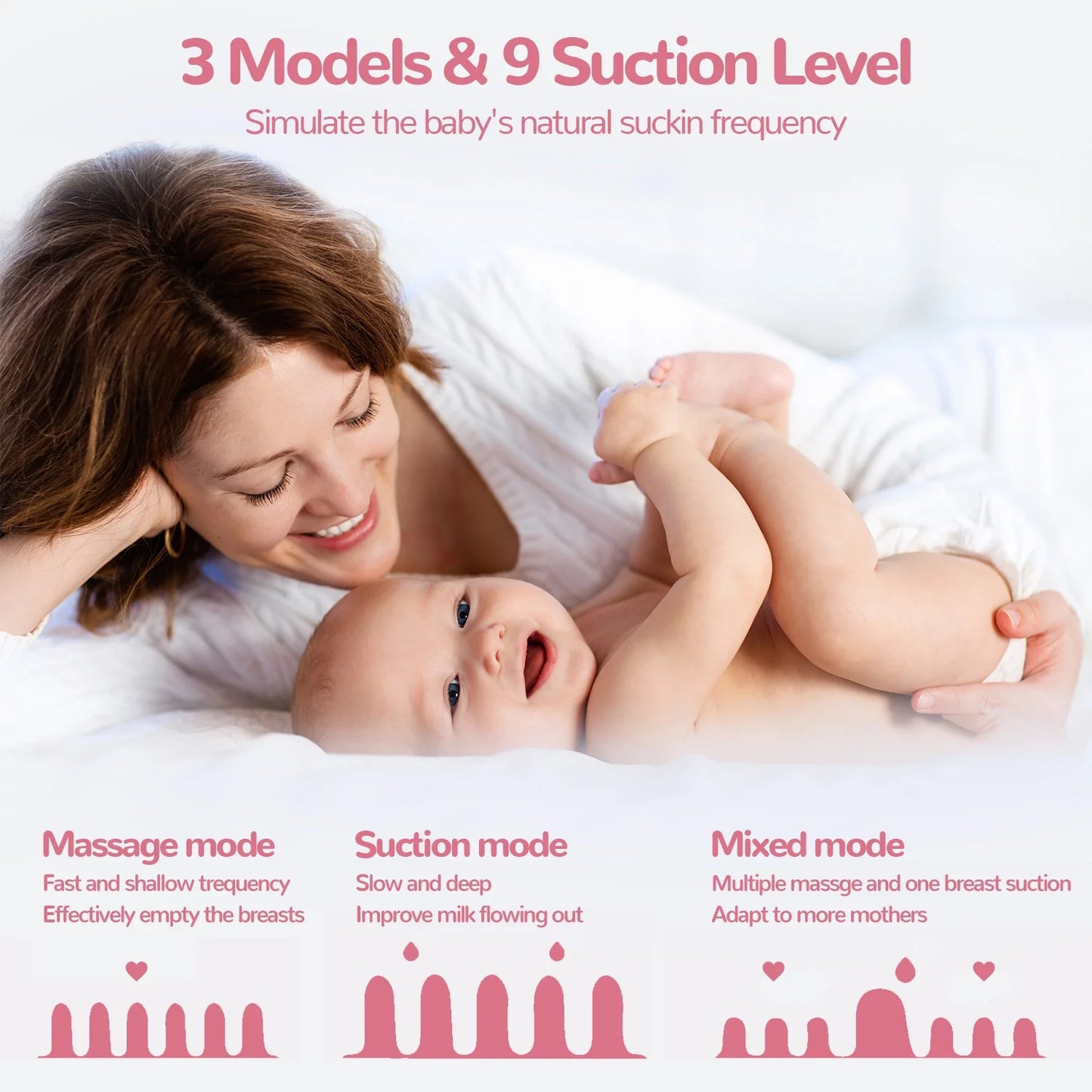 Electric Breast Pump, Wearable Breast Pump, Hands-Free Breast Pumps with 3 Modes, 9 Levels, Pink