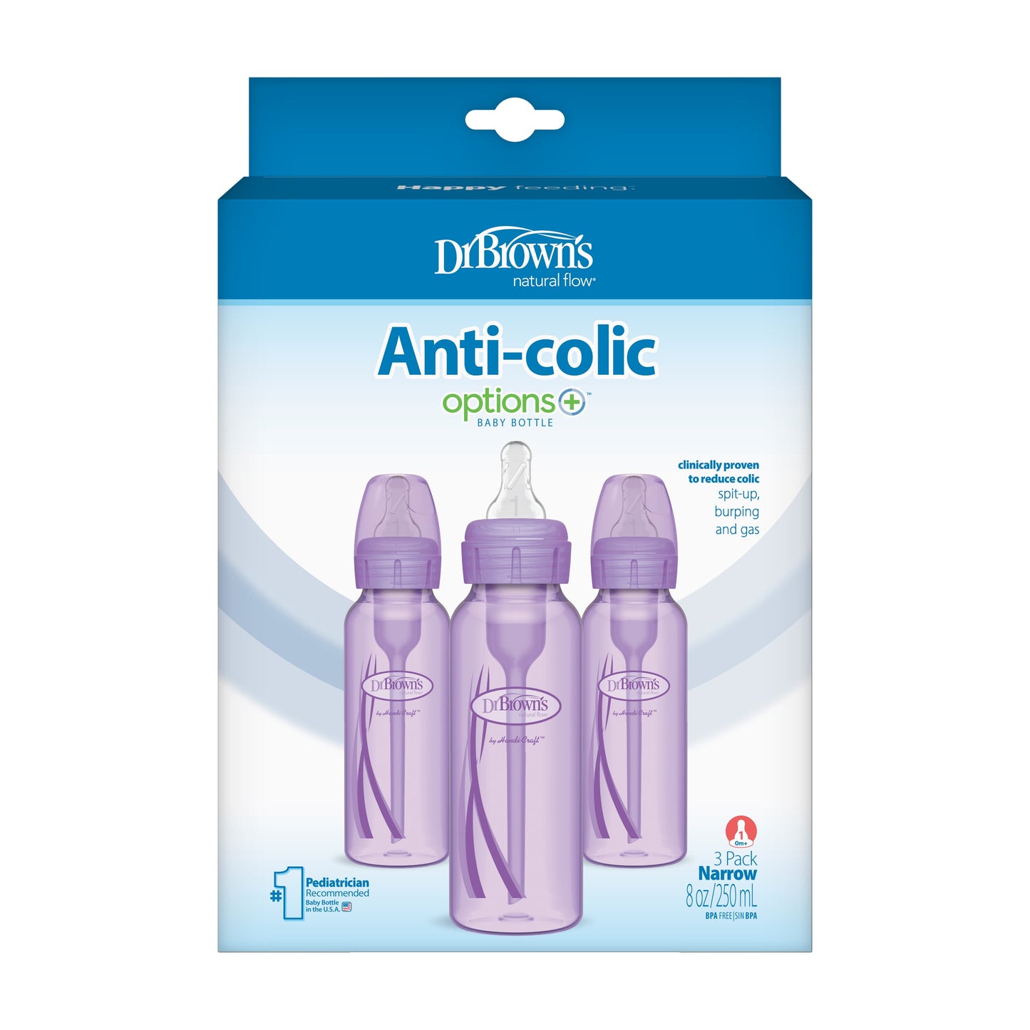Natural Flow Anti-Colic Options+ Narrow Baby Bottle, 8 Oz/250 Ml, with Level 1 Slow Flow Nipple, Purple, 0M+, 3 Pack