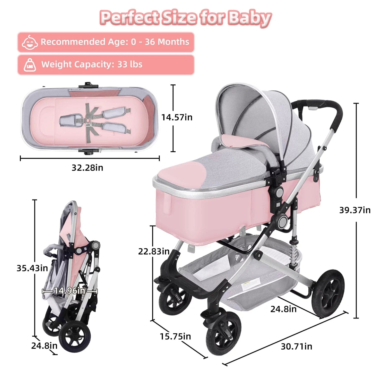 Baby Stroller, Foldable Baby Stroller Reversible Bassinet, Travel Stroller for Newborn Baby, Pink