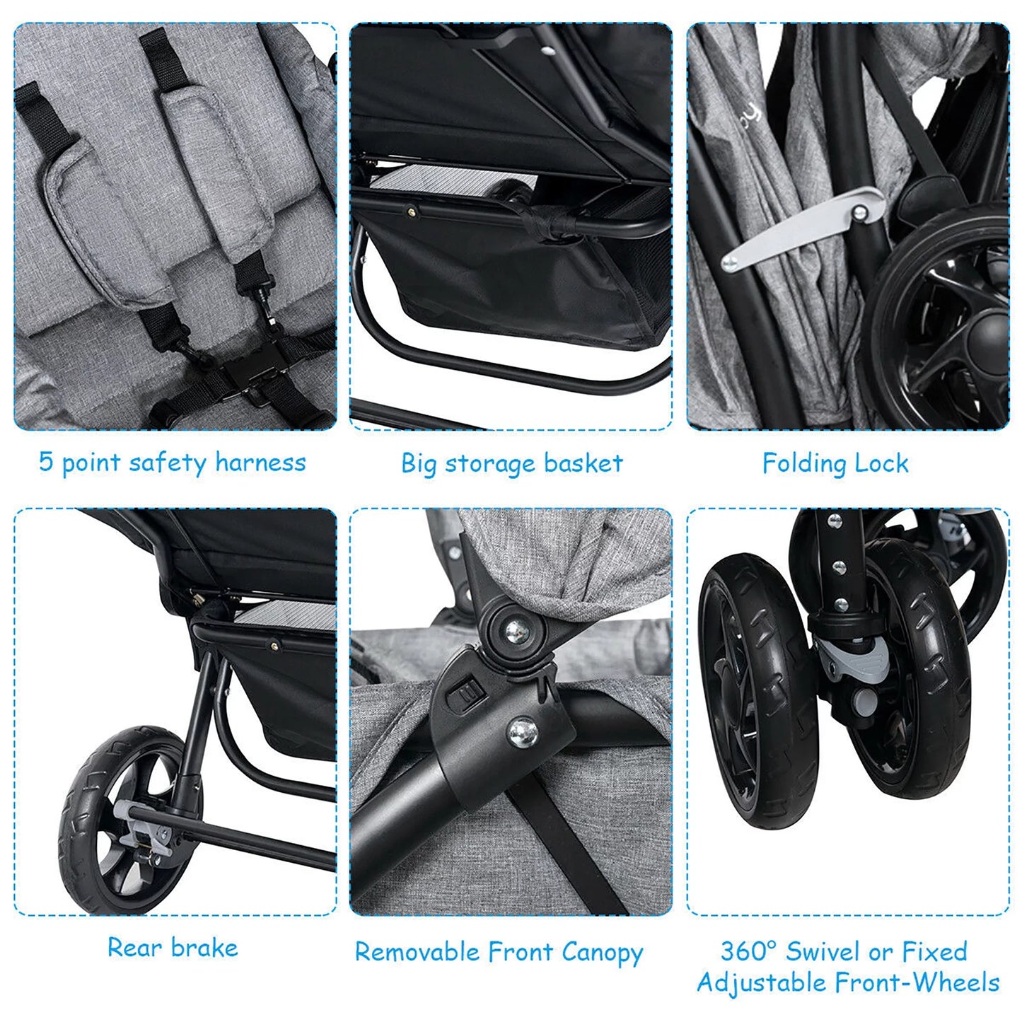 Babyjoy Double Stroller Foldable Baby Twin Lightweight Travel Stroller Infant Pushchair Grey