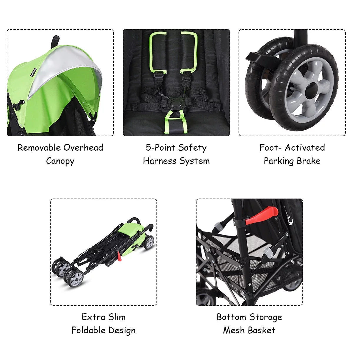 Folding Lightweight Baby Toddler Umbrella Travel Stroller with Storage Basket Green