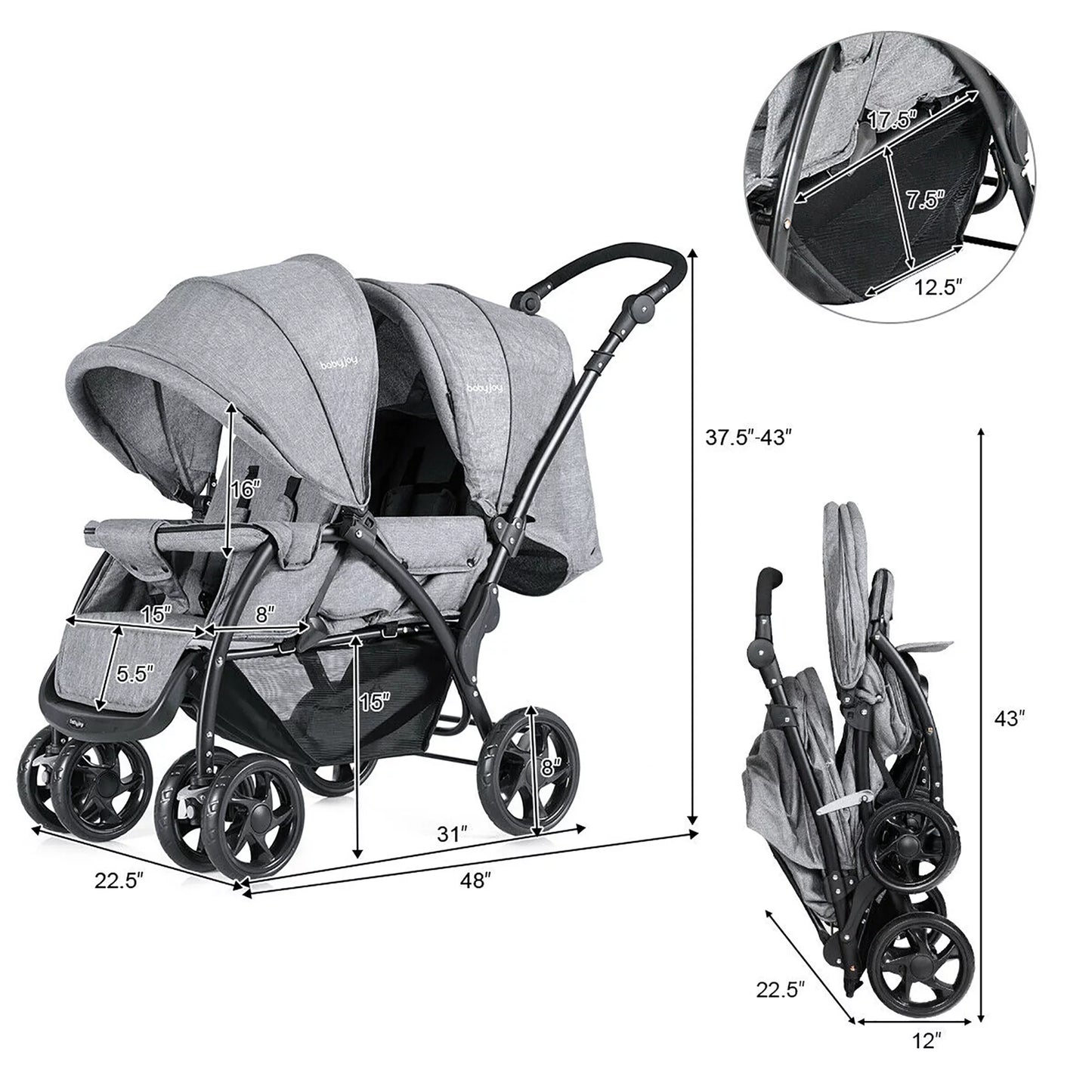 Babyjoy Double Stroller Foldable Baby Twin Lightweight Travel Stroller Infant Pushchair Grey
