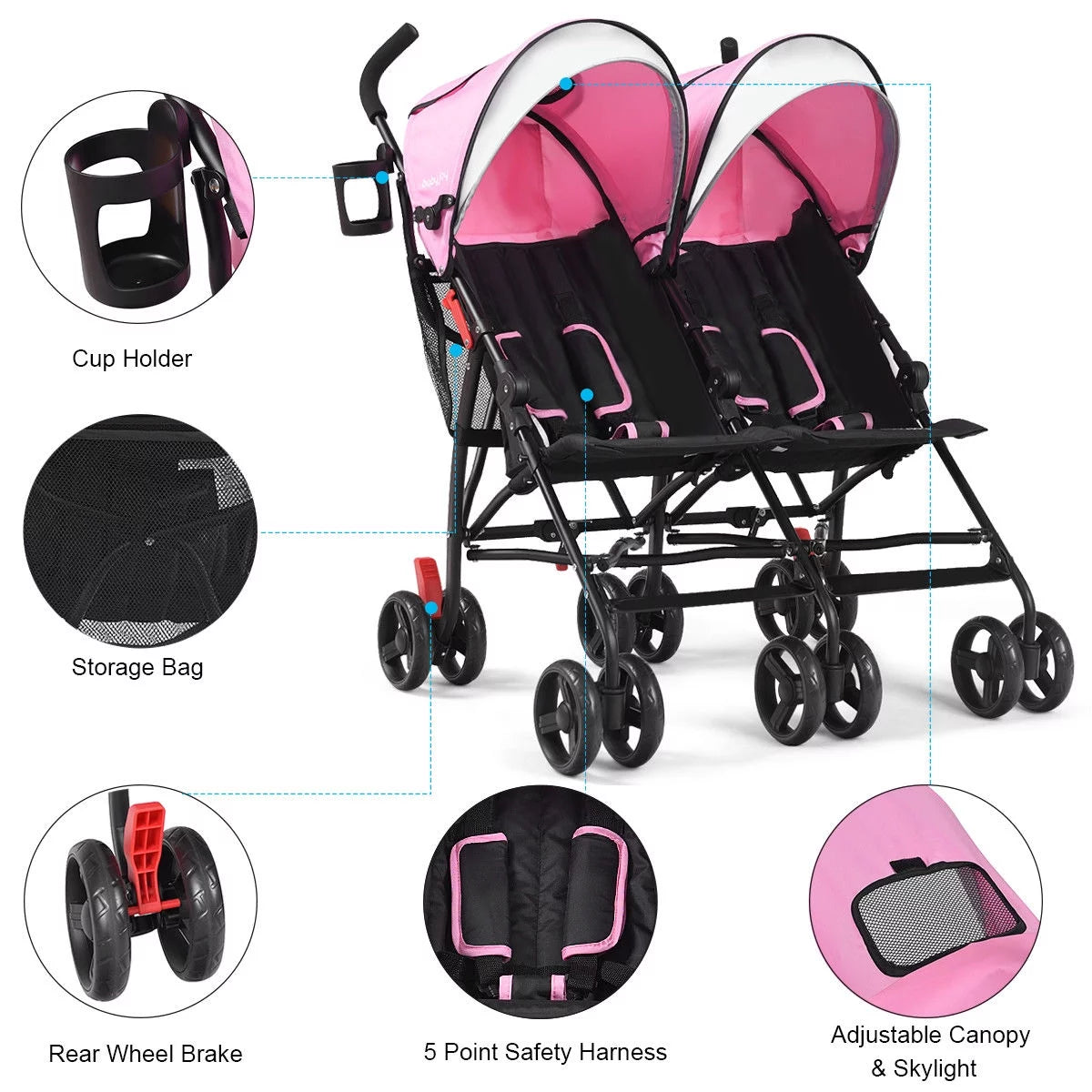 Baby-Joy Foldable Twin Baby Double Stroller Kids Ultralight Umbrella Stroller Pushchair Pink