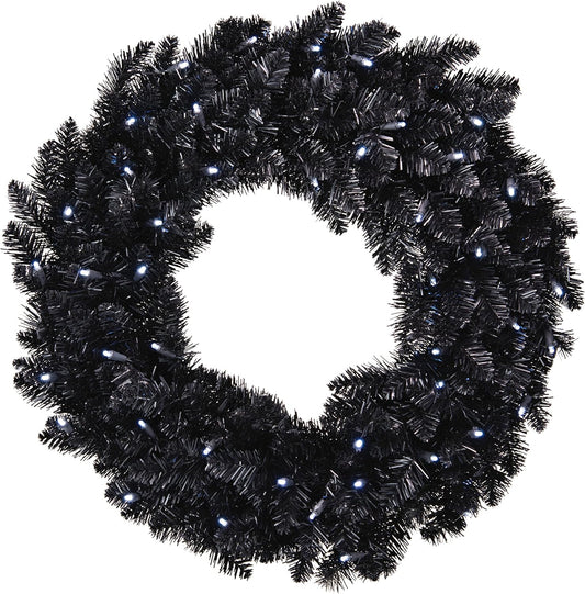 2022, Sparkling Black Halloween Wreath with Lights, 30"