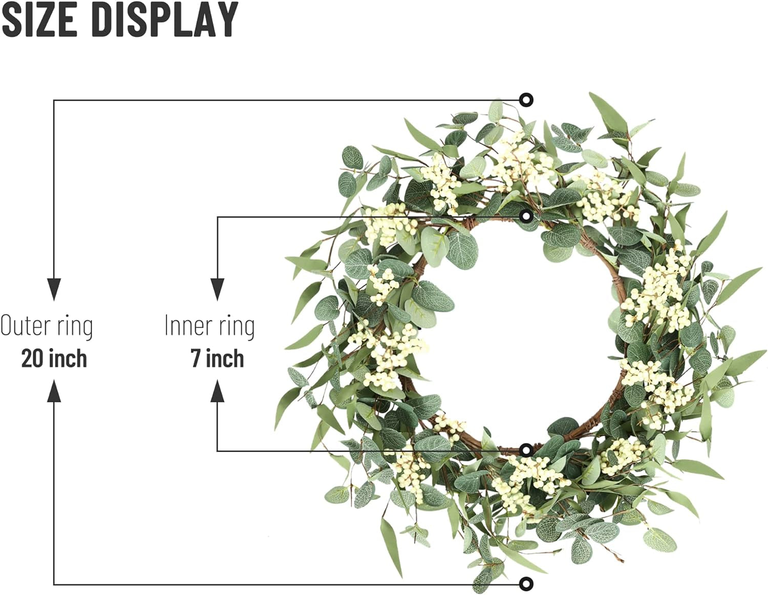 20'' Eucalyptus Wreath for Front Door, Porch, Window - Green Decor for Home, Farmhouse - Spring, Summer, Fall, All Seasons