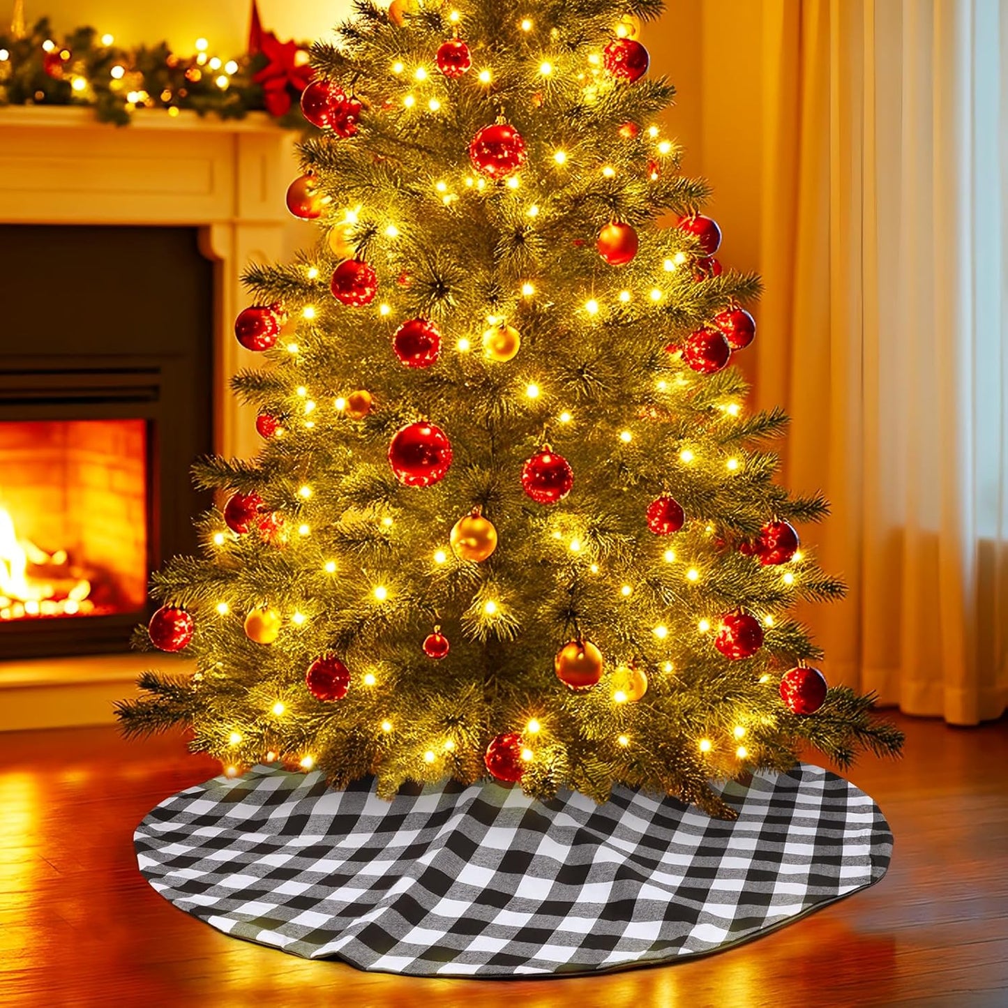 48 Inch Buffalo Plaid Christmas Tree Skirt Large Black and White Buffalo Plaid Double Layers Tree Skirt for Holiday Christmas Decorations