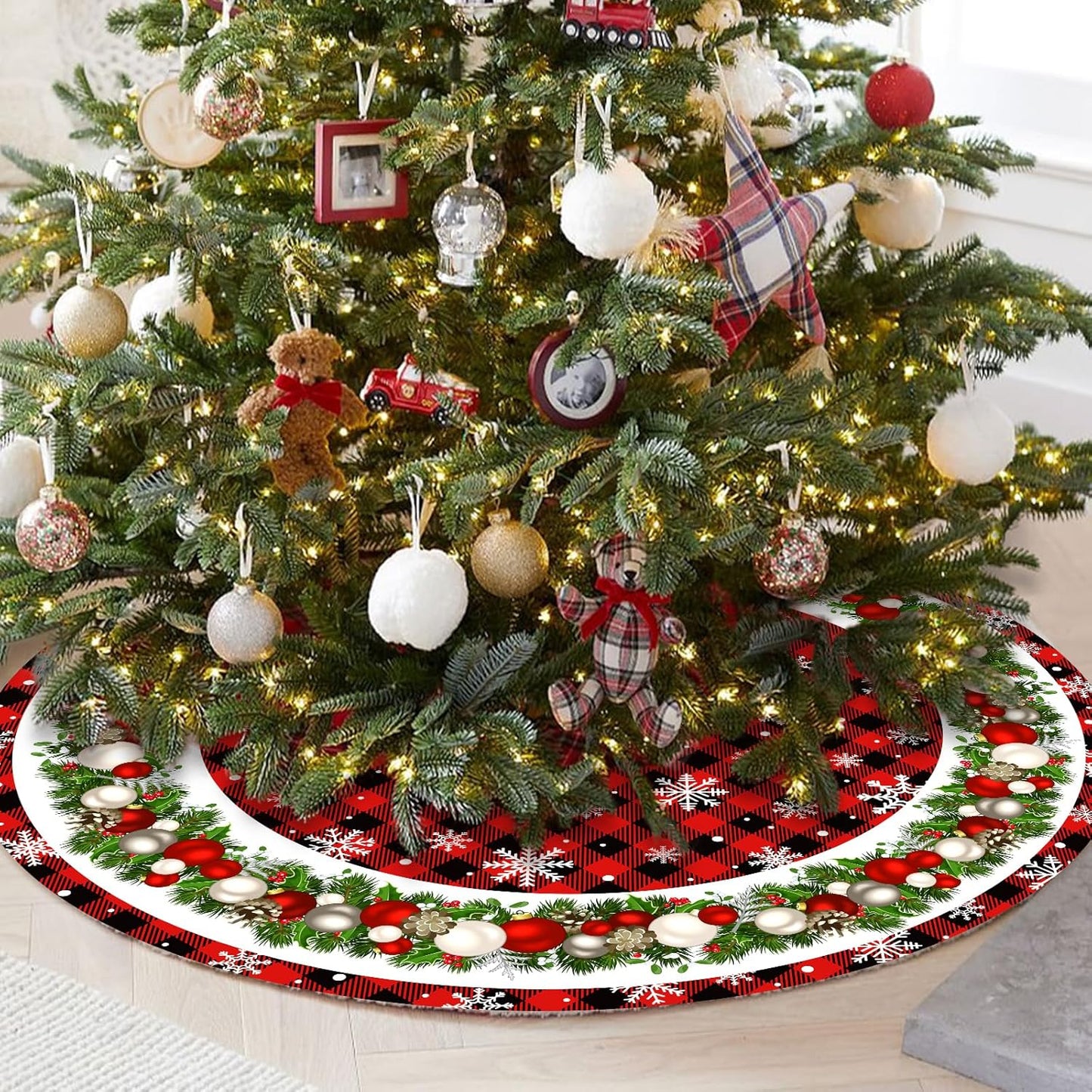 36 Inch Christmas Tree Skirt Red and Black Buffalo Plaid Christmas Tree Skirt,Christmas Tree Skirt Snowflake Bells Decoration, Christmas and New Year'S Eve Holiday Party Outdoor Decoration