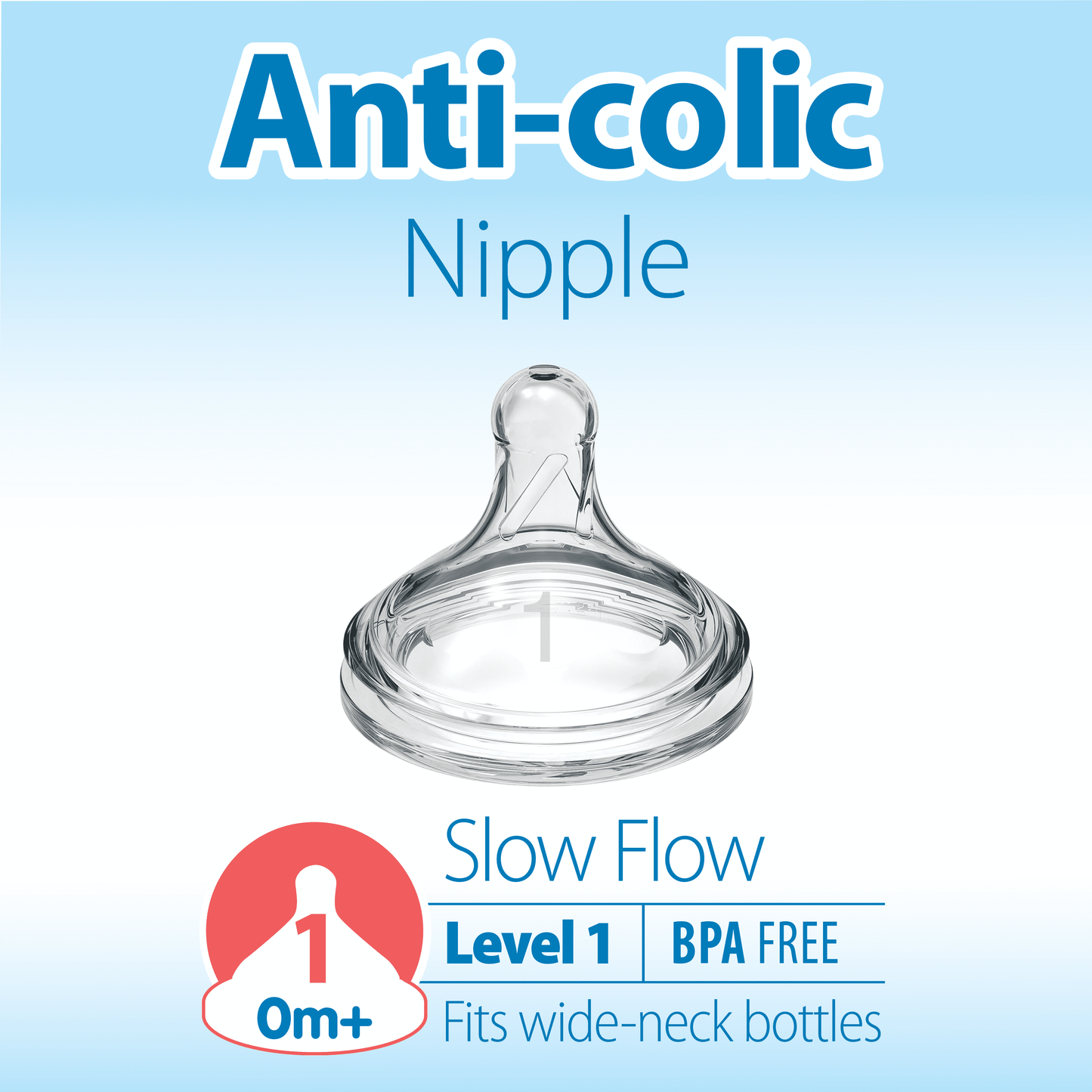 Natural Flow Level 1, Wide-Neck Baby Bottle Nipple, Slow Flow, 0M+, 100% Silicone, 6 Pack