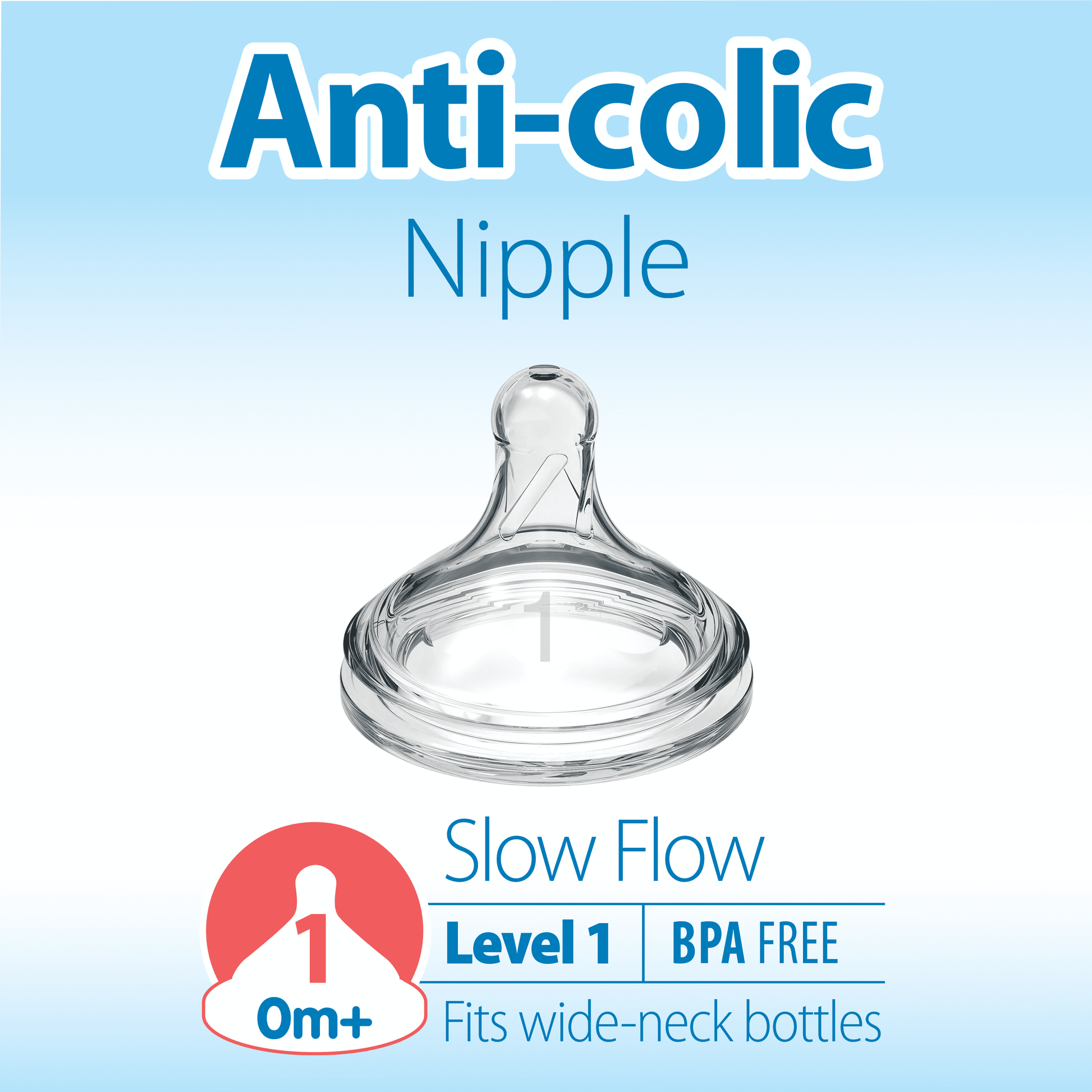 Natural Flow Level 1, Wide-Neck Baby Bottle Nipple, Slow Flow, 0M+, 100% Silicone, 6 Pack