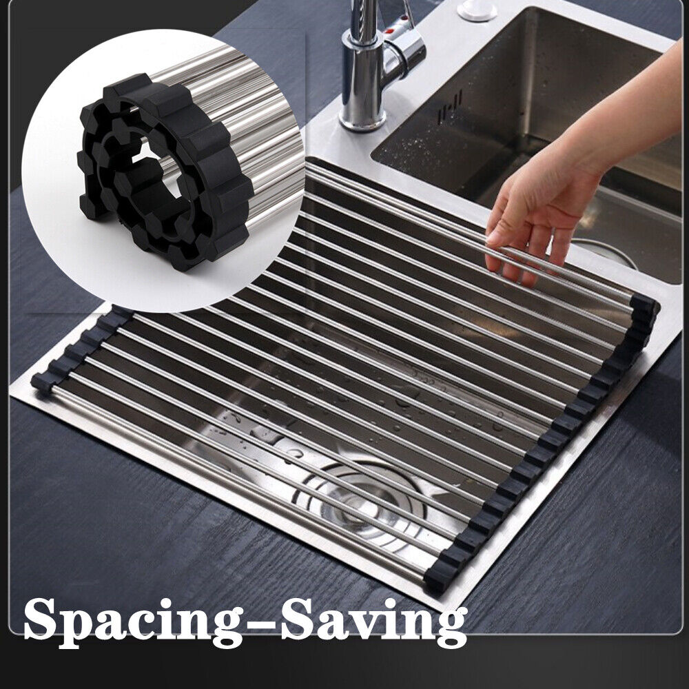 Kitchen Stainless Steel Sink Drain Rack Roll up Dish Drying Drainer Mat