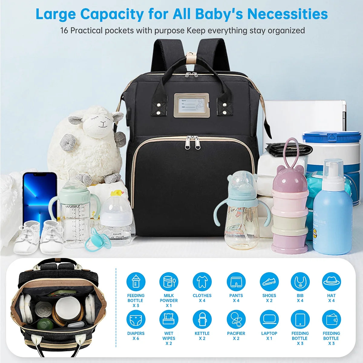 Multifunctional Baby Diaper Bag with Changing Station (Black)