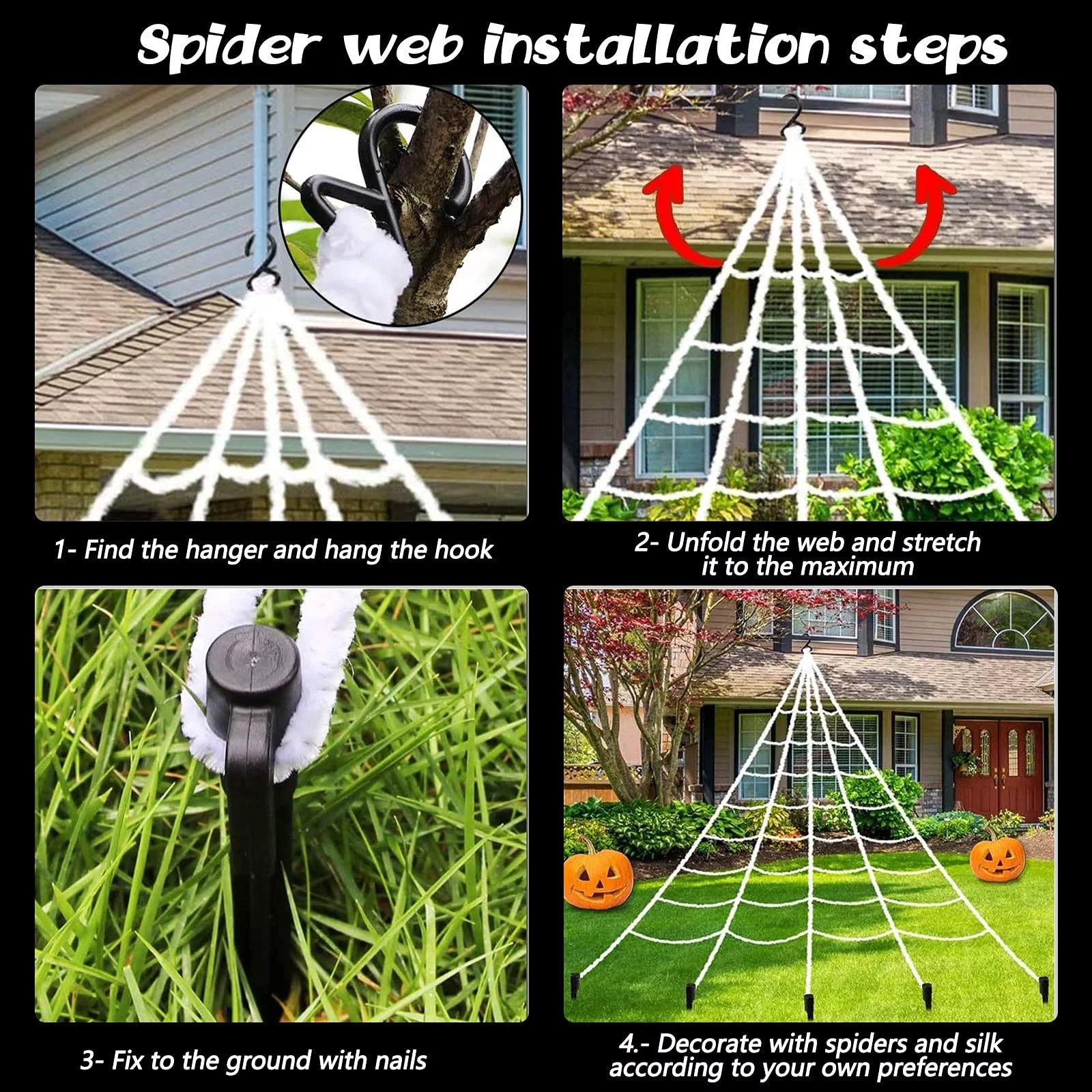 Halloween Decorations Spider Web, 16X16Ft Giant Triangular Spider Web, 120 Small Fake Spiders, 40G Stretch Cobwebs Spider Webs Costumes Halloween Decorations for outside Yard Garden Lawn Party