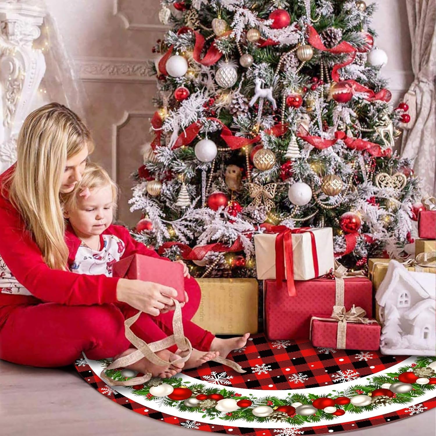 36 Inch Christmas Tree Skirt Red and Black Buffalo Plaid Christmas Tree Skirt,Christmas Tree Skirt Snowflake Bells Decoration, Christmas and New Year'S Eve Holiday Party Outdoor Decoration