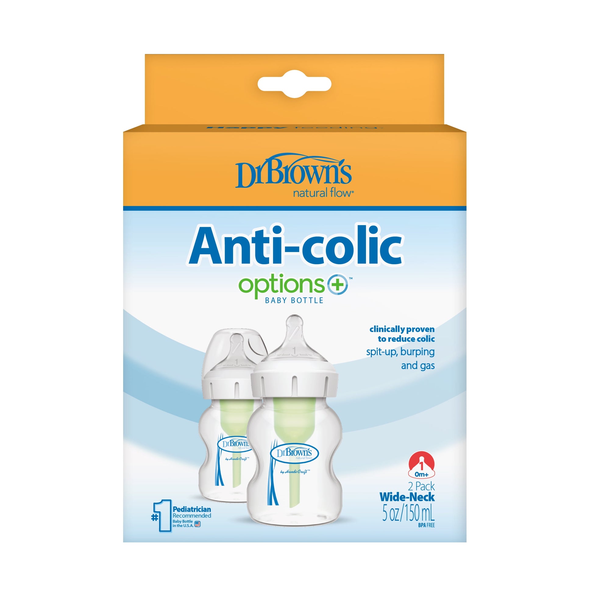 Natural Flow Anti-Colic Options+ Wide-Neck Baby Bottle, 5 Oz/150 Ml, Level 1 Nipple, 2-Pack, 0M+