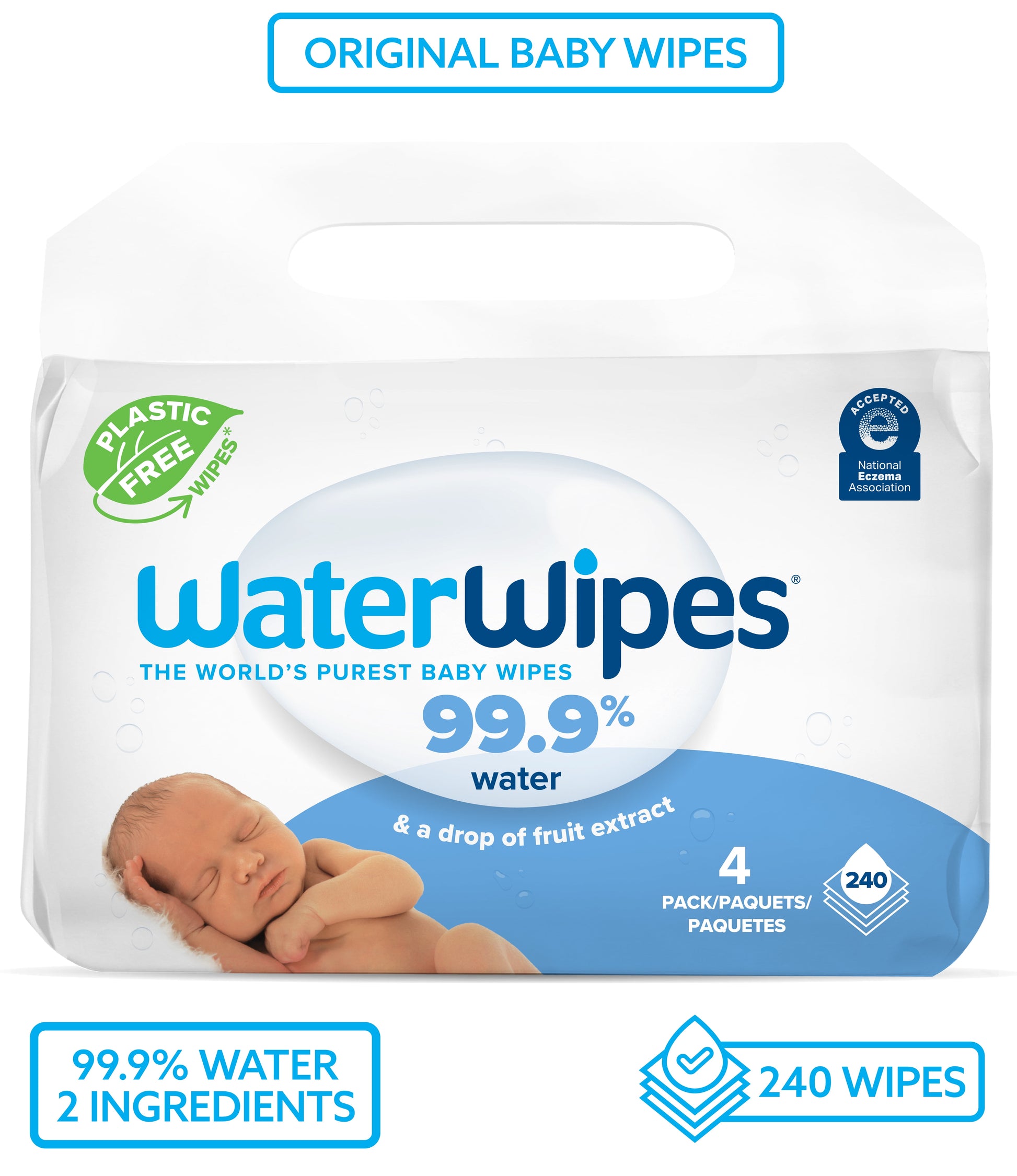 Original 99.9% Water Based Baby Wipes, Unscented, 4 Resealable Packs (240 Wipes)