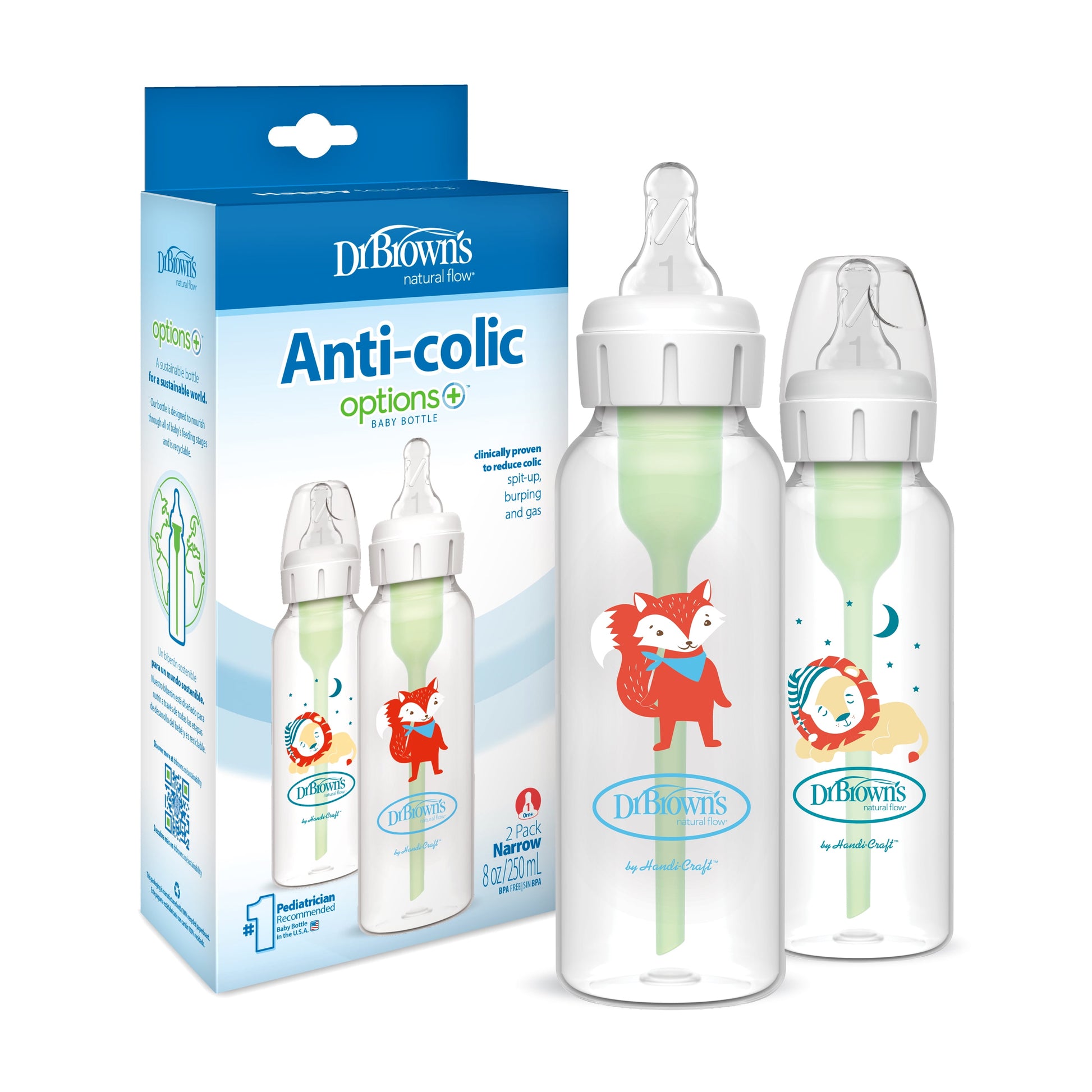 Natural Flow Anti-Colic Options+ Narrow Baby Bottle with Level 1 Slow Flow Nipple, BPA Free, 0M+, 2-Pack