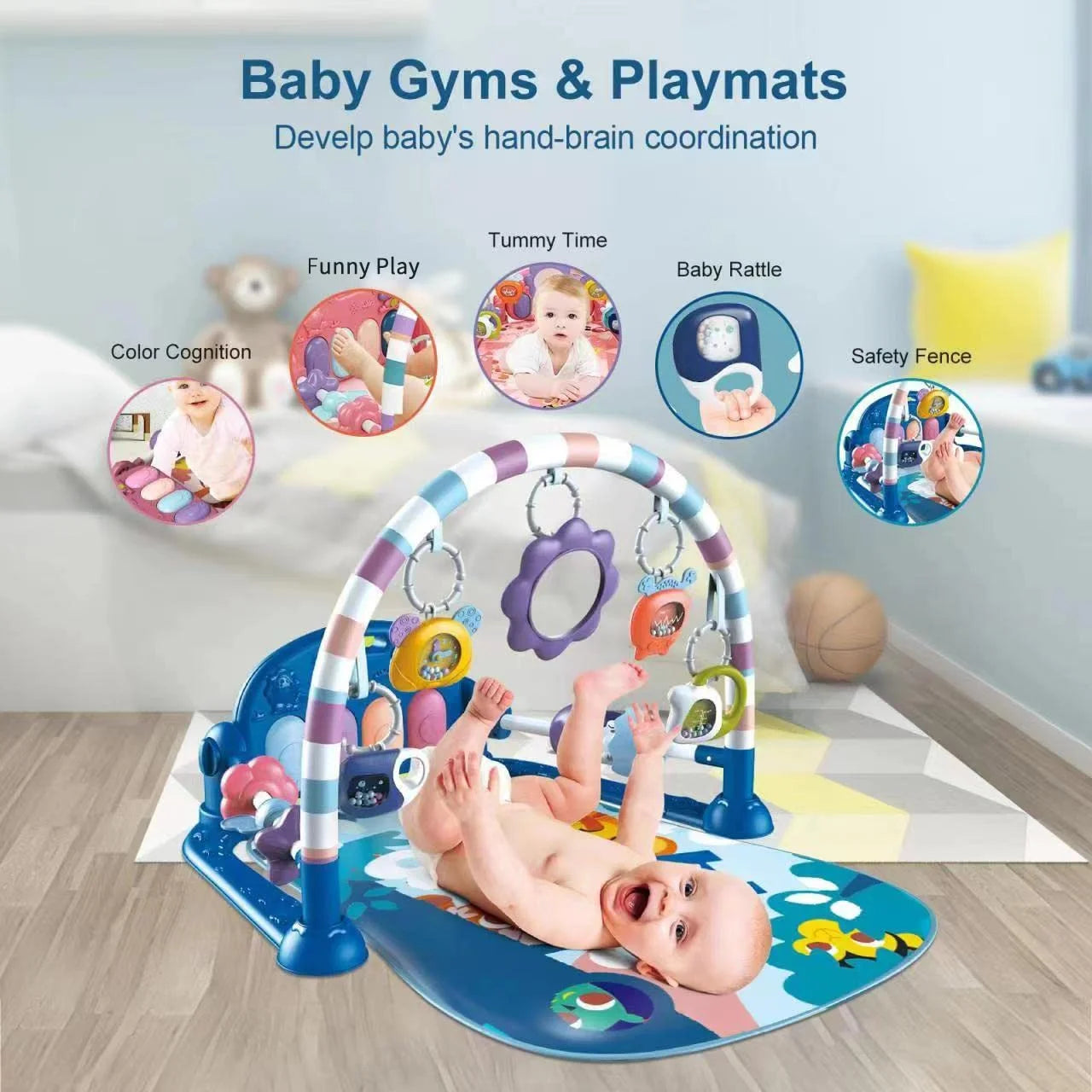 Baby Gym Play Mat 3 in 1 Fitness Rack with Music and Lights Fun Piano Baby Activity Center,Blue