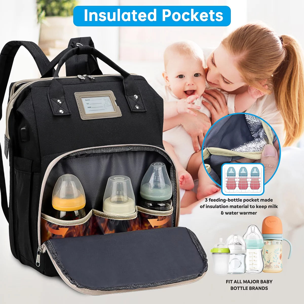 Multifunctional Baby Diaper Bag with Changing Station (Black)