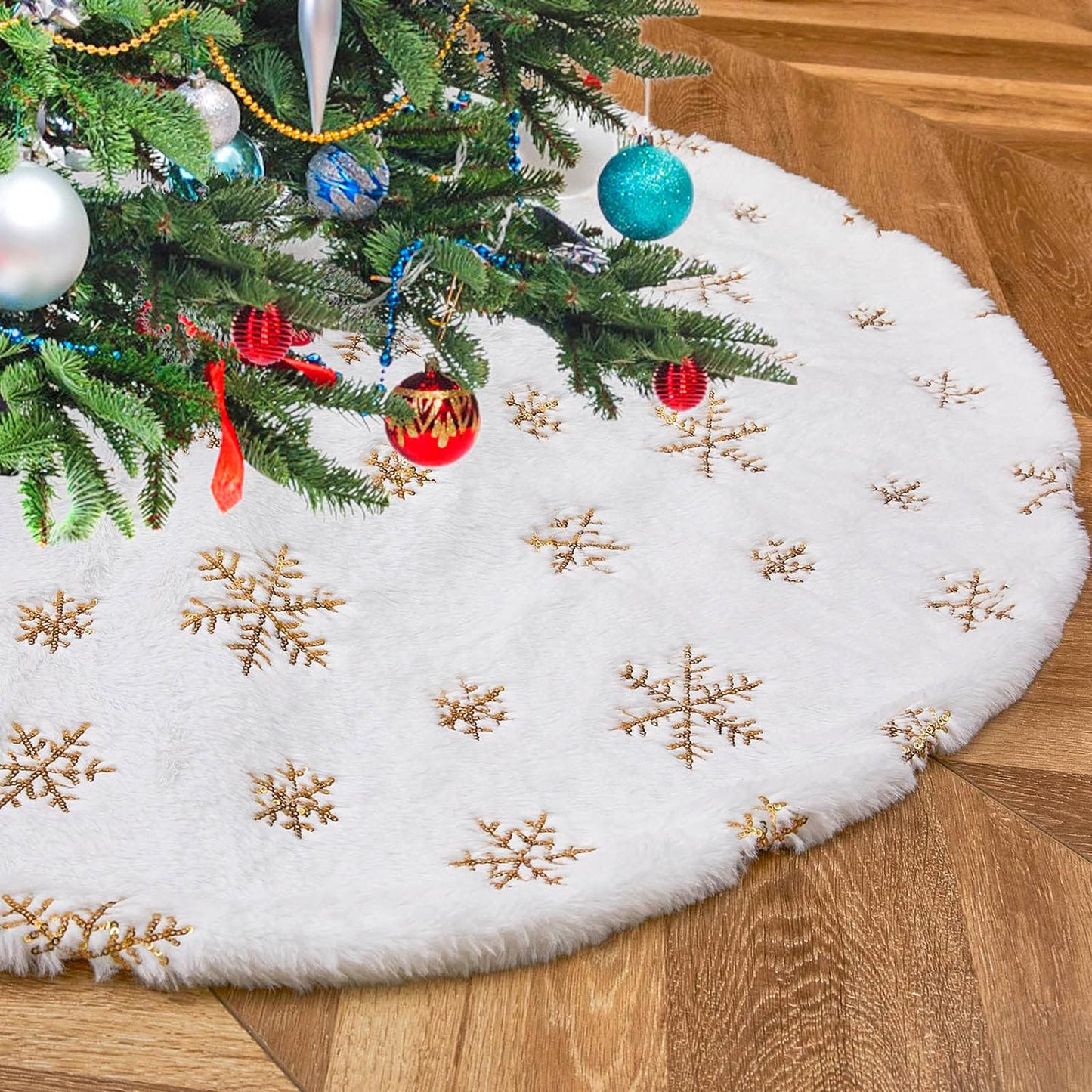 White Christmas Tree Skirt Faux Fur Tree Skirt Sequin Tree Carpet 24Inch Gold Glitter Tree Skirting Double Layers for Party Xmas Holiday Party Decorations round Tree Skirt