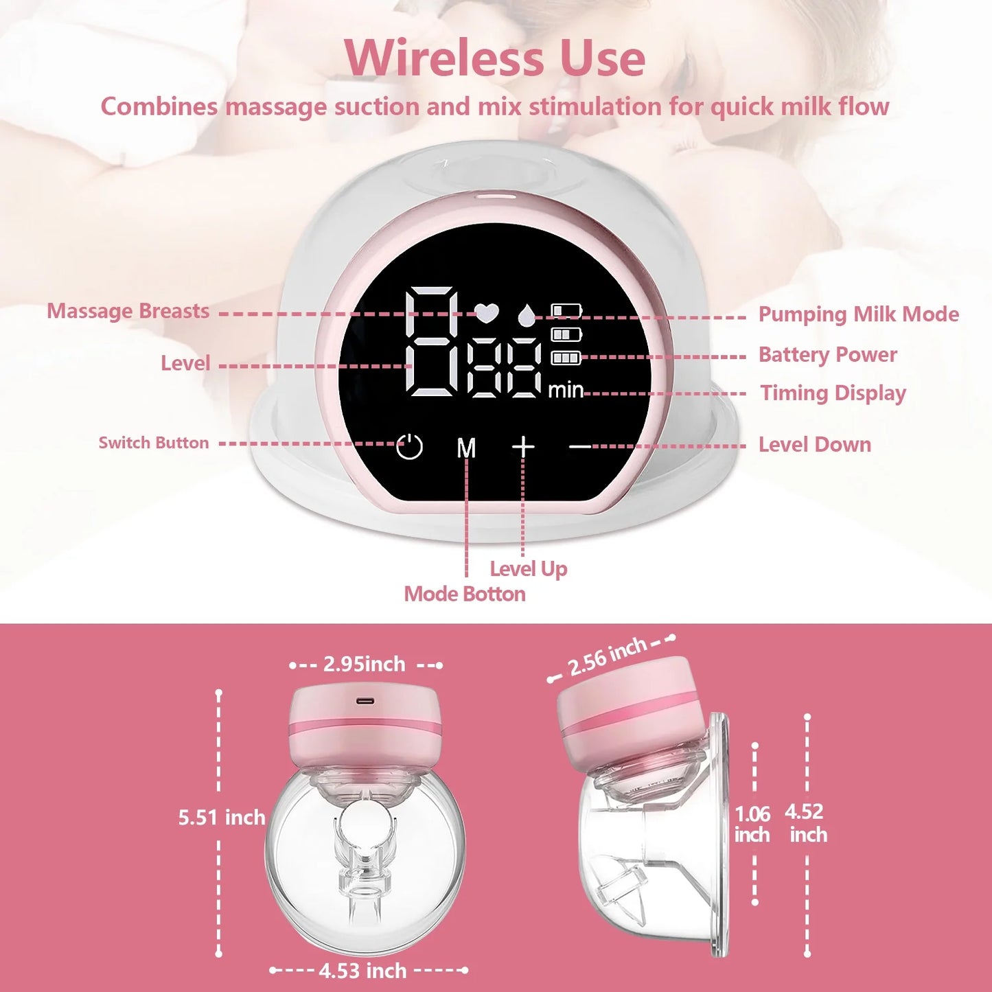 Electric Breast Pump,  Wearable Breast Pump, Hands-Free Breast Pumps with 3 Modes, 9 Levels, Pink