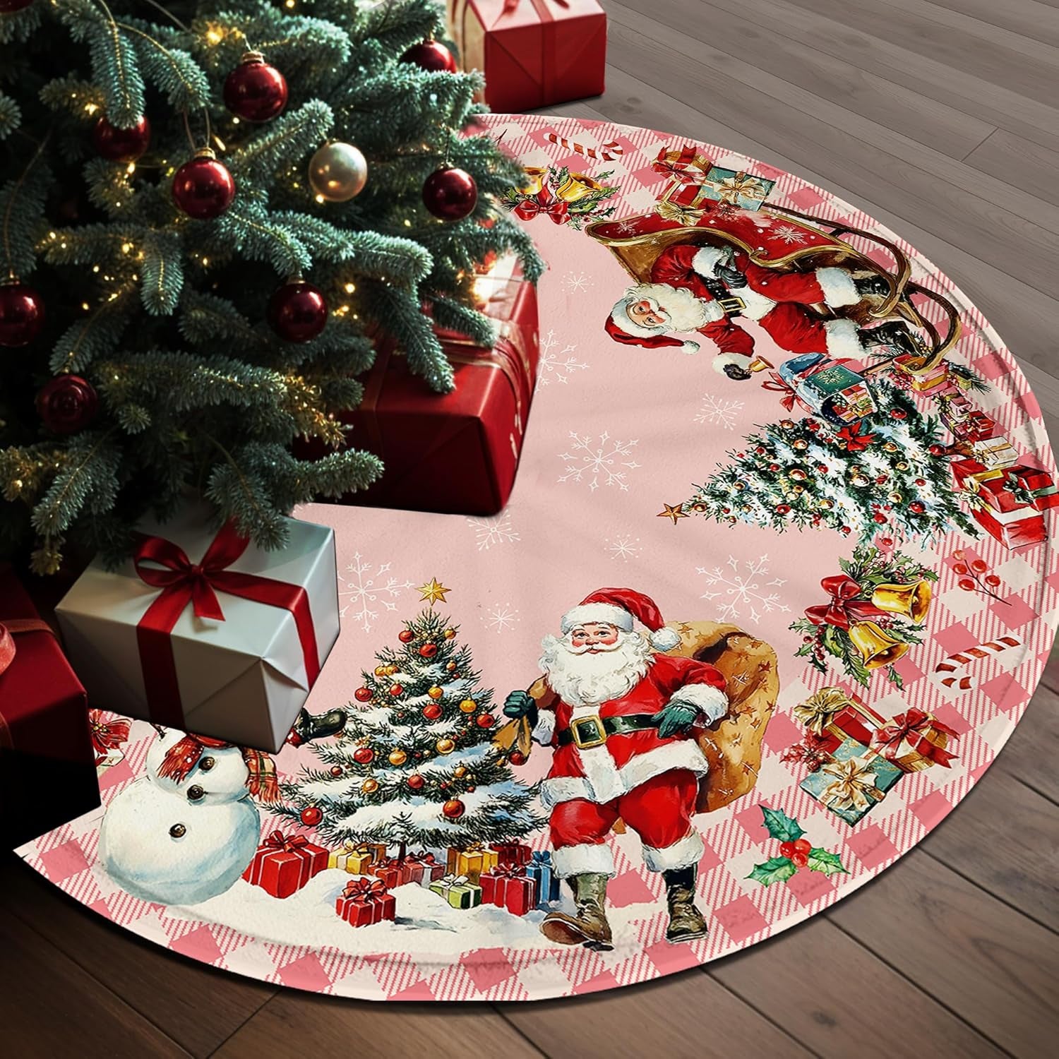 Double Sided Snowman Reindeer Santa Snowman Snowflake Christmas Tree Skirt, Snowman Tree Skirt for Winter Holiday Party Christmas Tree Skirt Decoration, 48 Inch Pink Tree Skirt