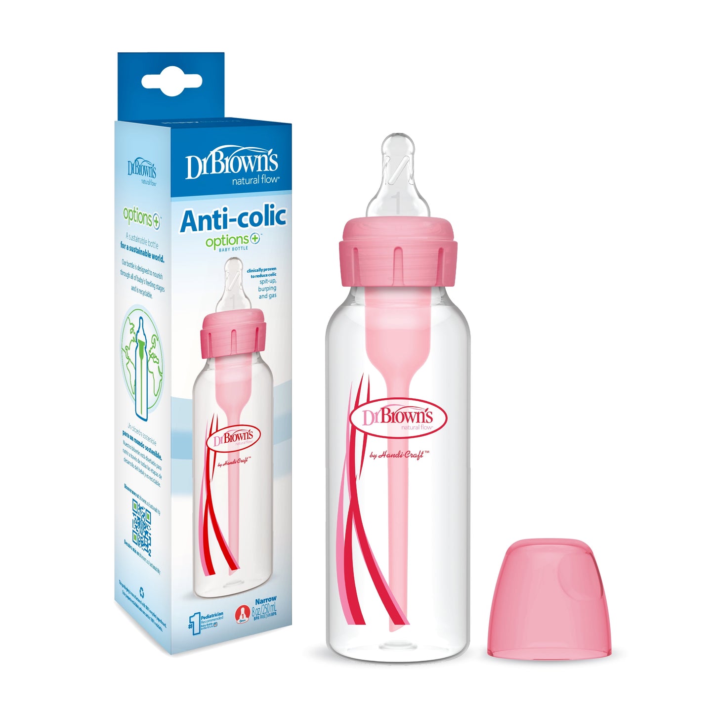 Natural Flow Anti-Colic Options+ Narrow Baby Bottle, 8Oz/250Ml, Level 1 Slow Flow Nipple, 1-Pack, Pink, 0M+