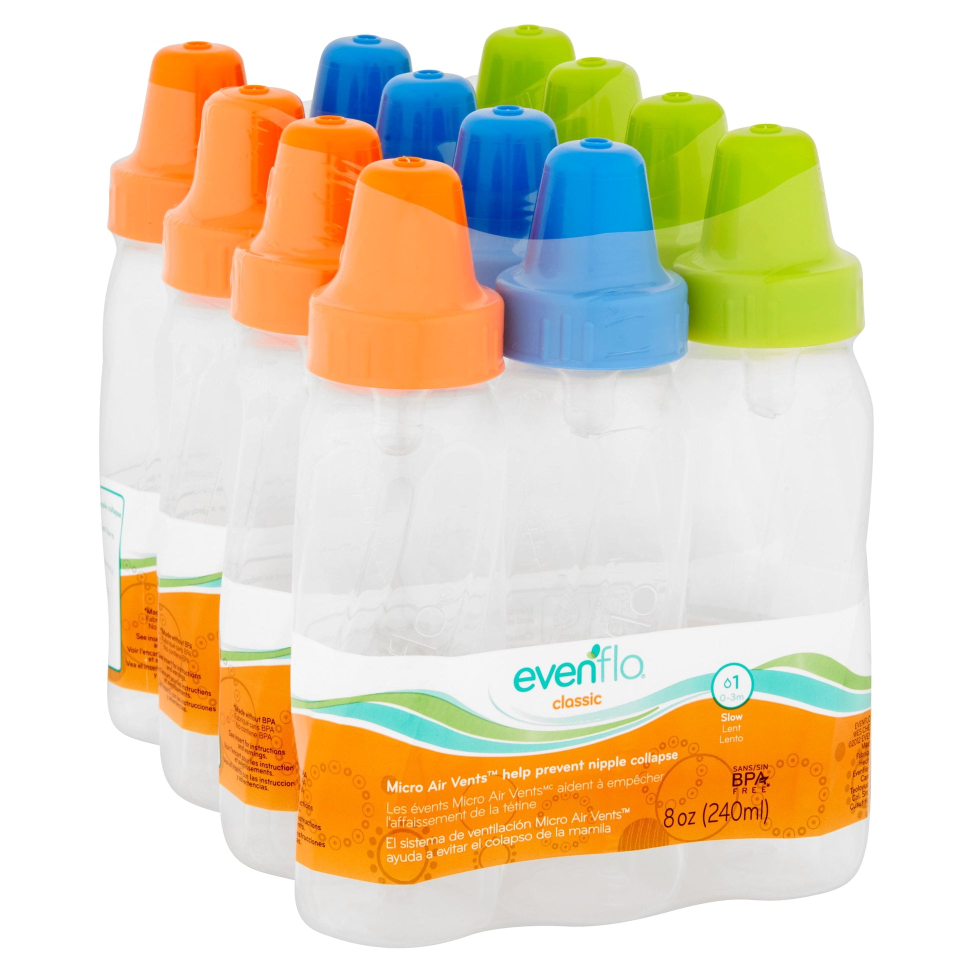 Evenflo Classic Bpa-Free Plastic Standard Baby Bottles, 8Oz, Teal/Green/Blue, 12Ct