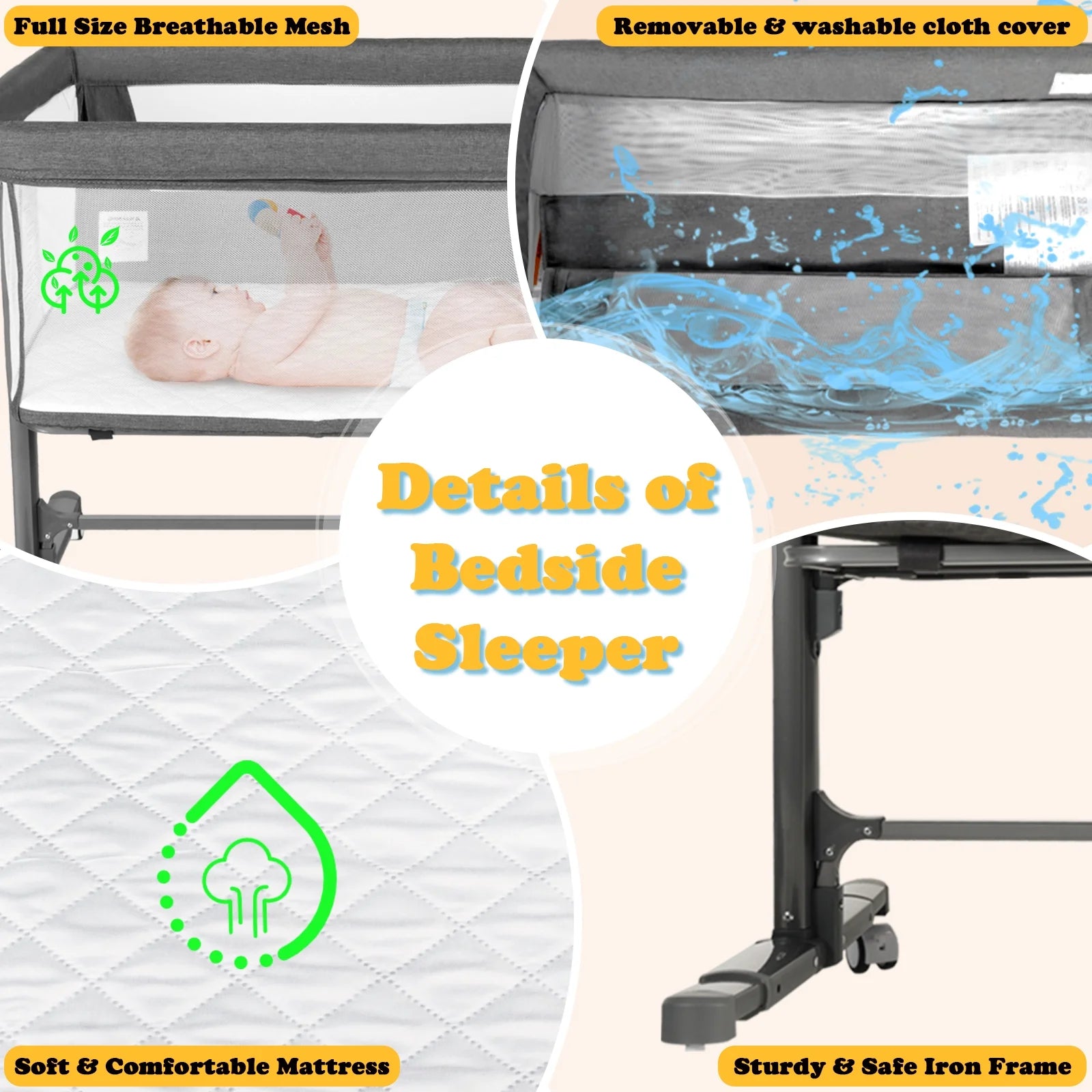 Baby Bassinet with Wheels Adjustable Bedside Sleeper Bassinet Newborn Baby Crib, Grey