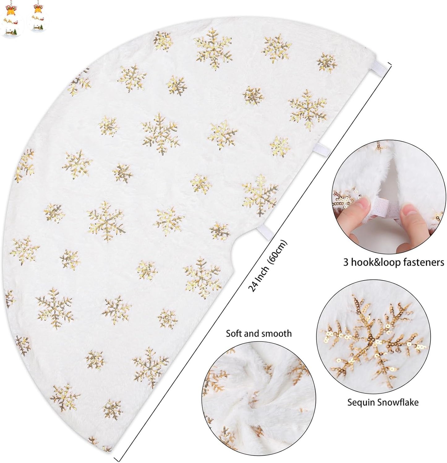 White Christmas Tree Skirt Faux Fur Tree Skirt Sequin Tree Carpet 24Inch Gold Glitter Tree Skirting Double Layers for Party Xmas Holiday Party Decorations round Tree Skirt