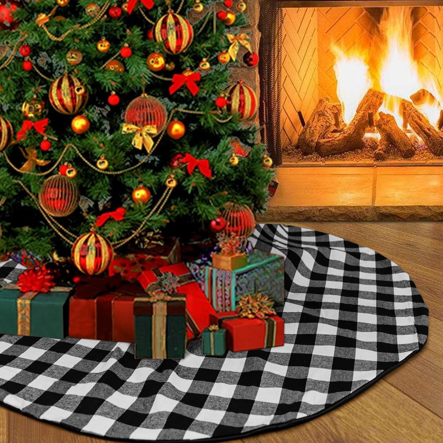 48 Inch Buffalo Plaid Christmas Tree Skirt Large Black and White Buffalo Plaid Double Layers Tree Skirt for Holiday Christmas Decorations