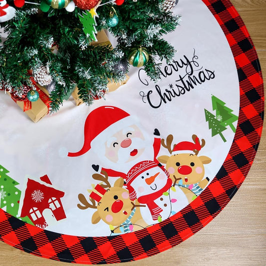 Christmas Tree Skirt, 48 Inches Red Black Buffalo Plaid Tree Skirt Rustic Thick Xmas Tree Skirt with Snowflake Santa Claus Xmas Ornaments Perfect for Christmas Decoration and New Year Holiday Party