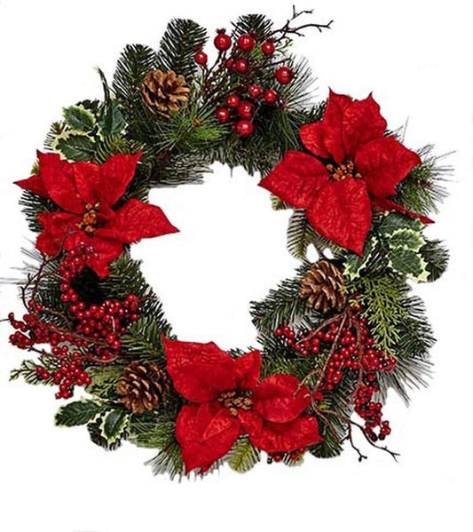 Artificial Christmas 18" Spruce Poinsettia Berry Wreath, Green, Red