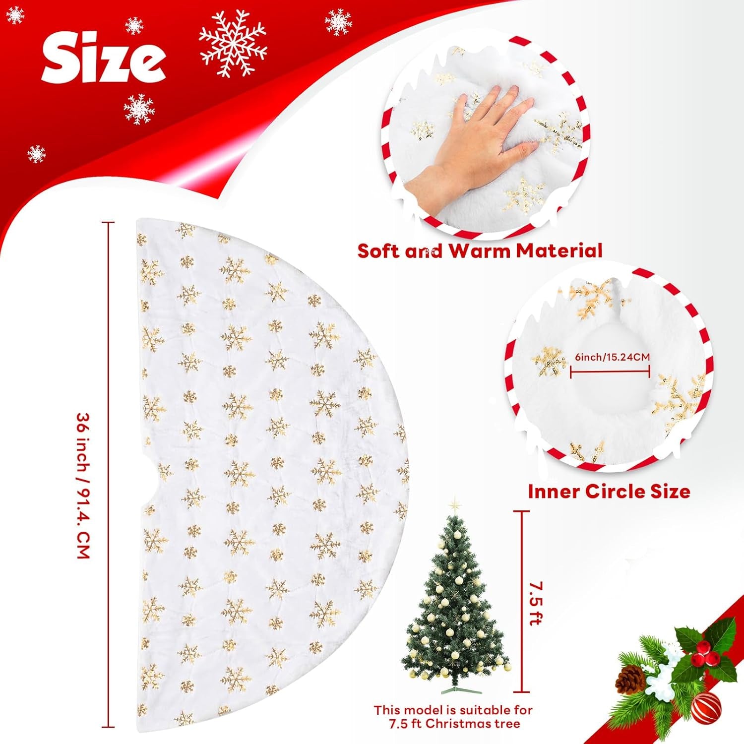 Christmas Tree Skirt 36 Inch, Holiday Part Decorations for Christmas Tree, Whit Plush Gold Sequin Snowflake Tree Shirt for Xmas